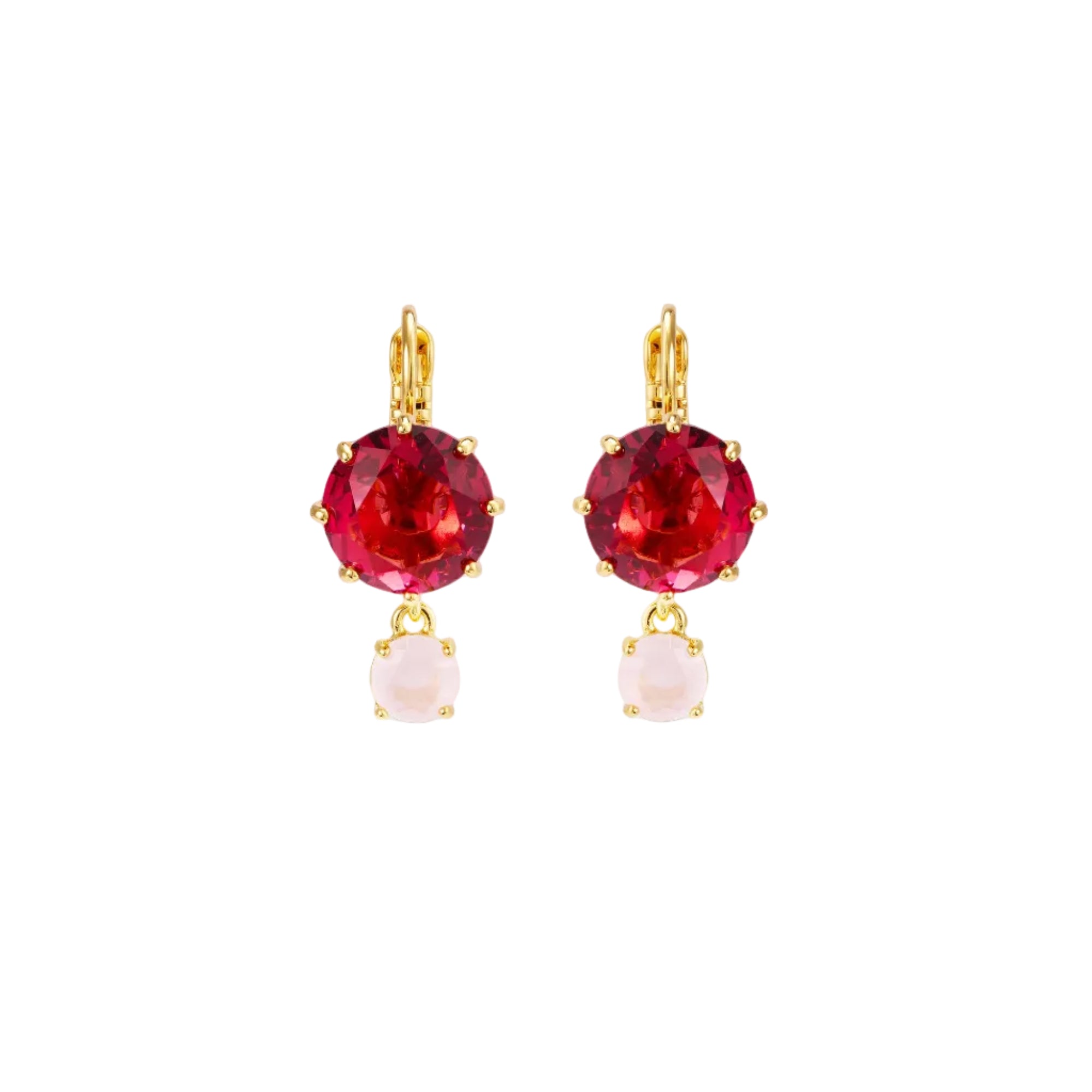 Pair of gold-toned sleeper earrings, each featuring a large faceted fuchsia stone above a smaller pale pink polished stone.