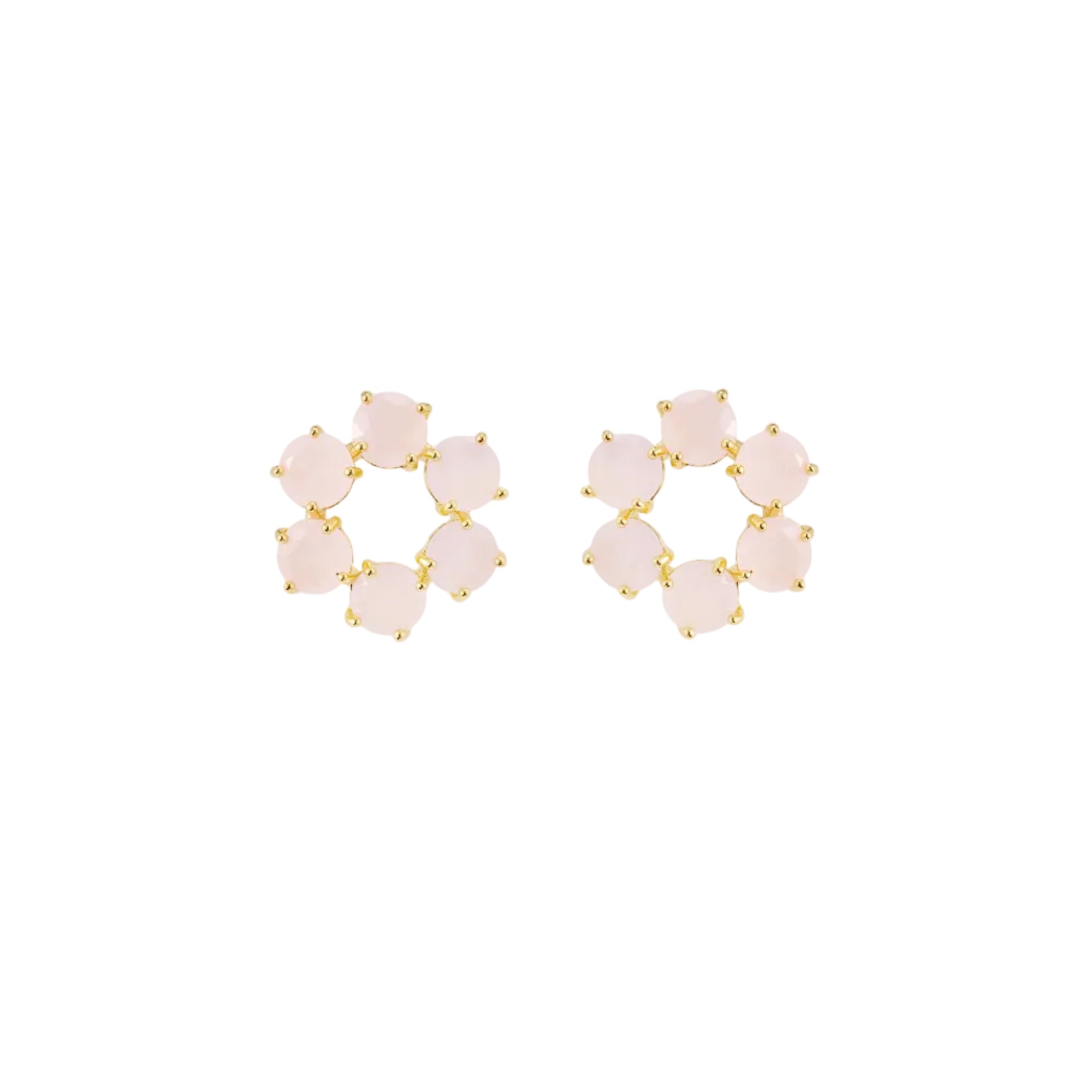 A pair of post earrings, each with six pale rose-pink round cabochon stones arranged in a floral rosette, set in gold-toned m