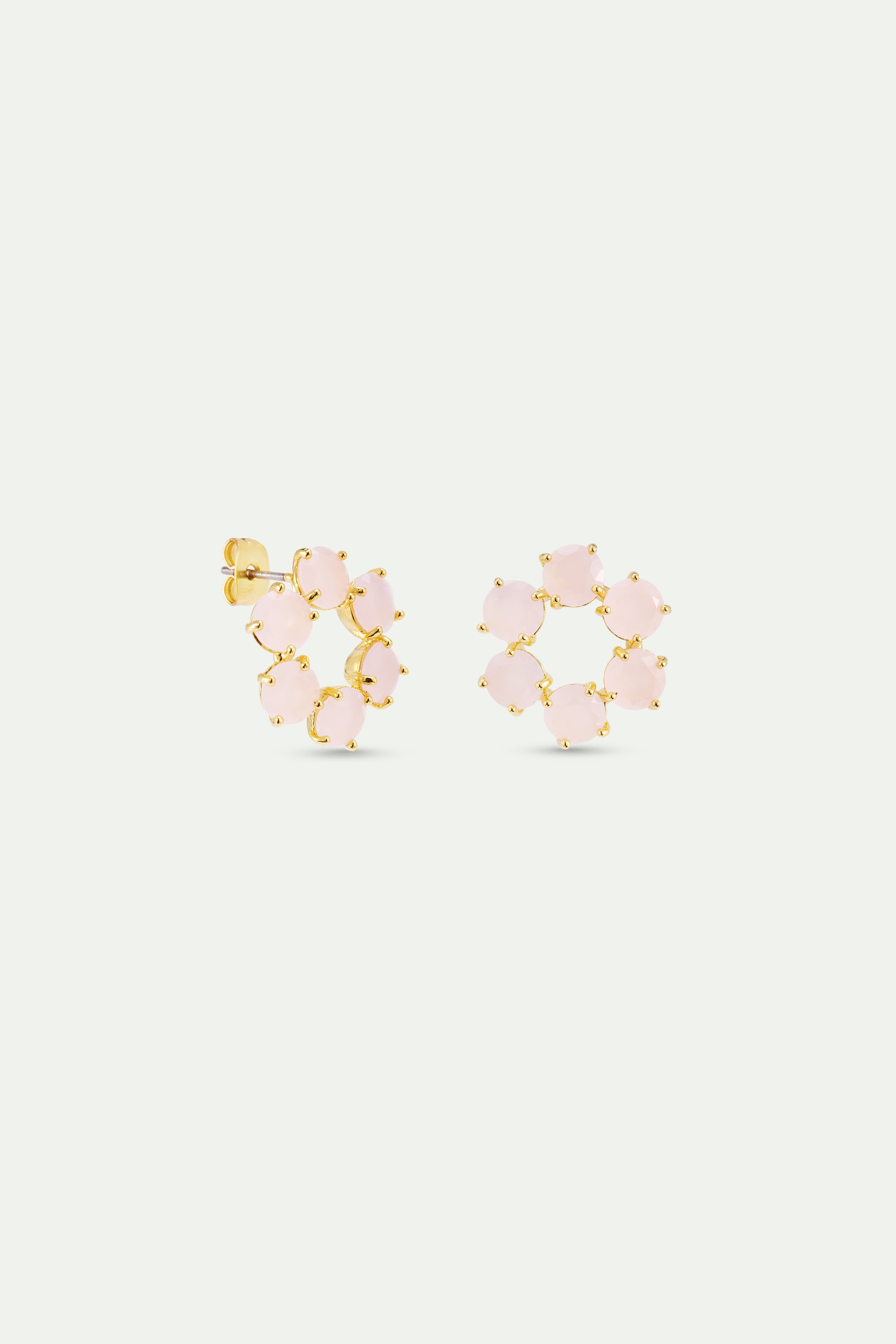 Pair of gold-toned post earrings, each featuring a circular cluster of seven pale pink round stones. The left earring shows i