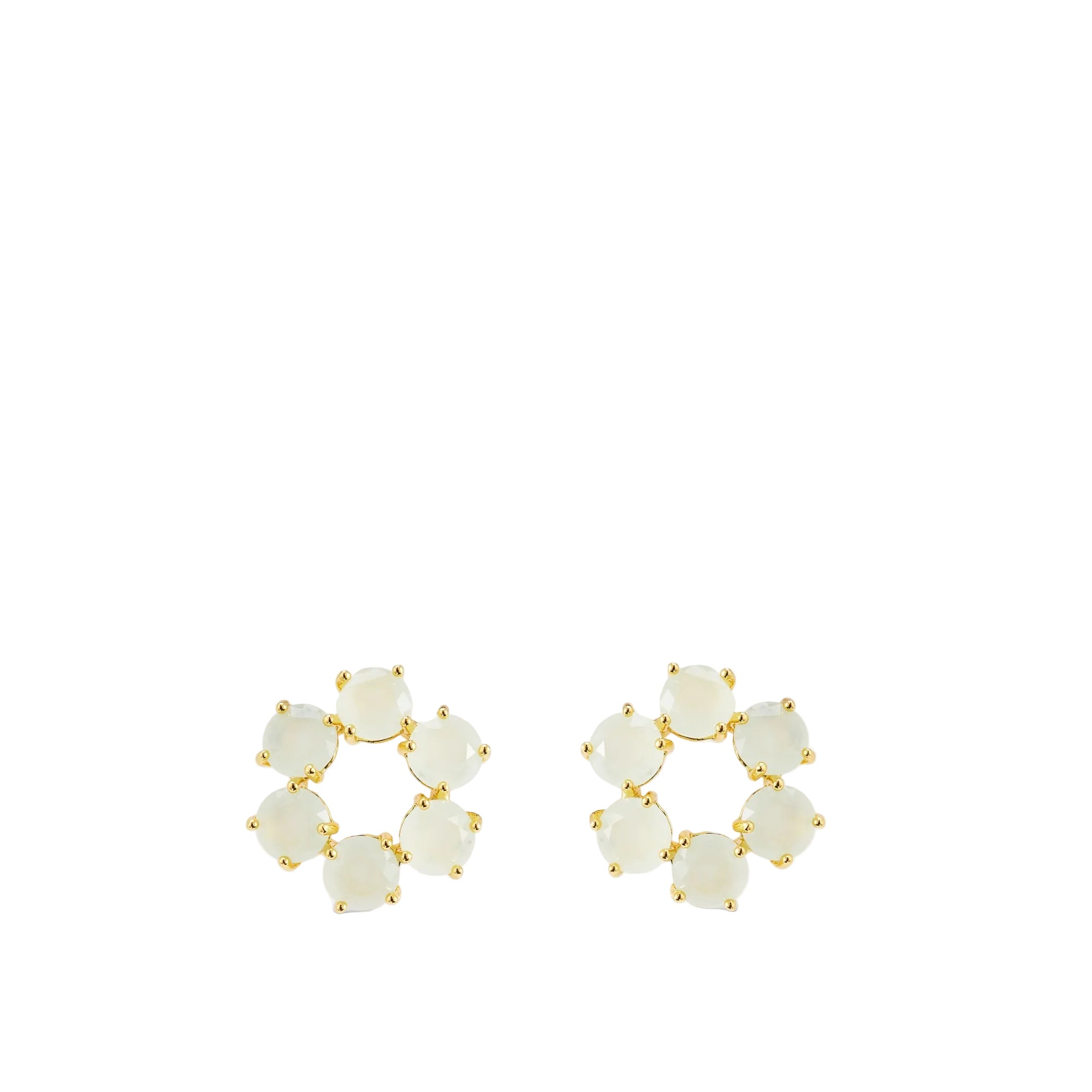 Pair of gold-toned post earrings, each with 6 pale green round stones arranged in a flower shape.