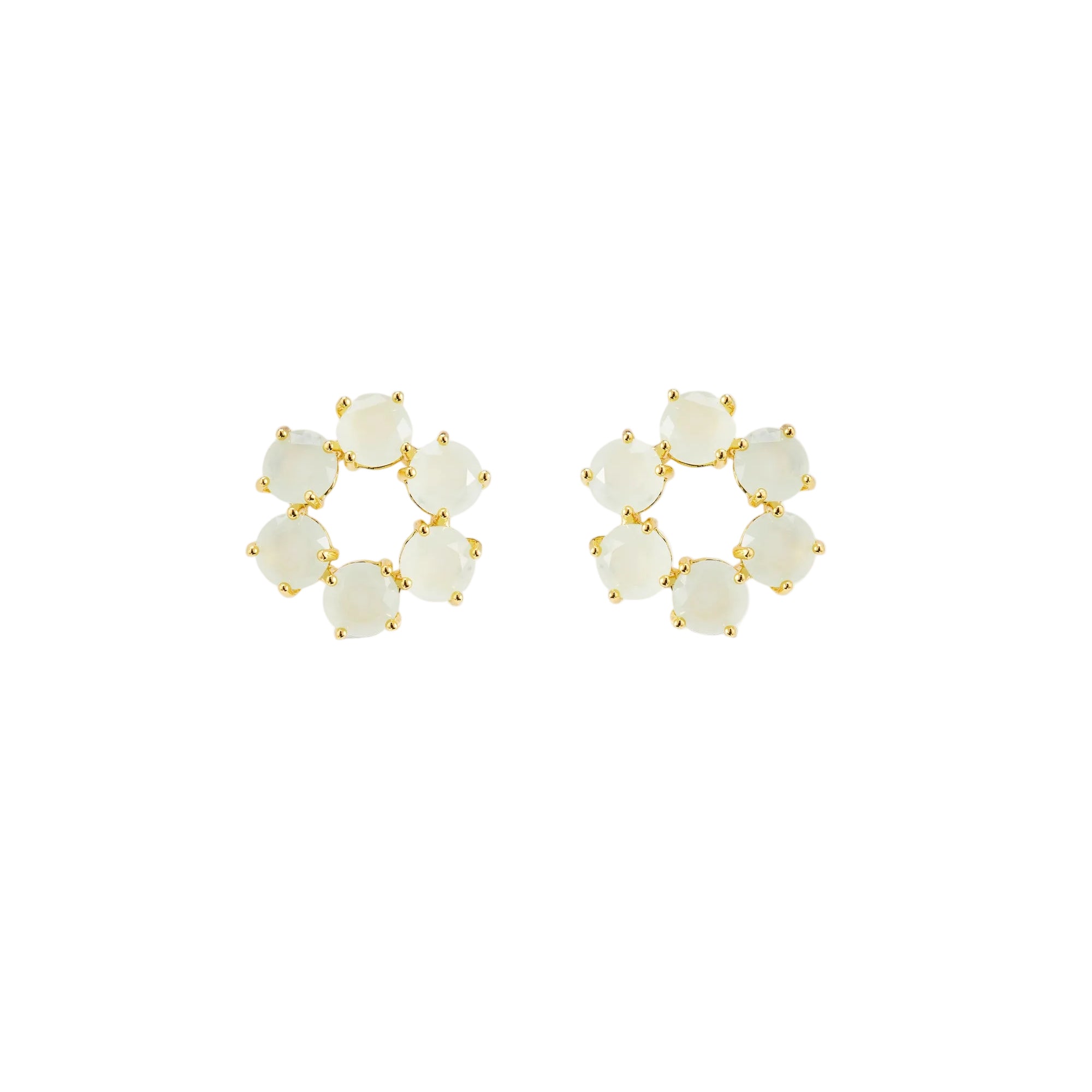 Pair of gold-toned post earrings, each with six round, faceted vert d eau (seafoam green) stones in a floral cluster design.