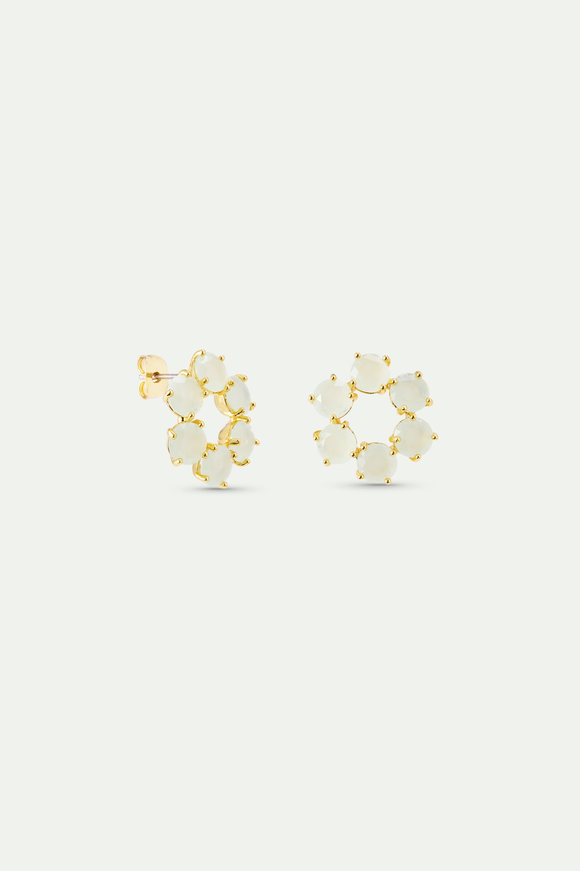 Pair of gold-toned post earrings, each with six pale green faceted stones forming a circular cluster.
