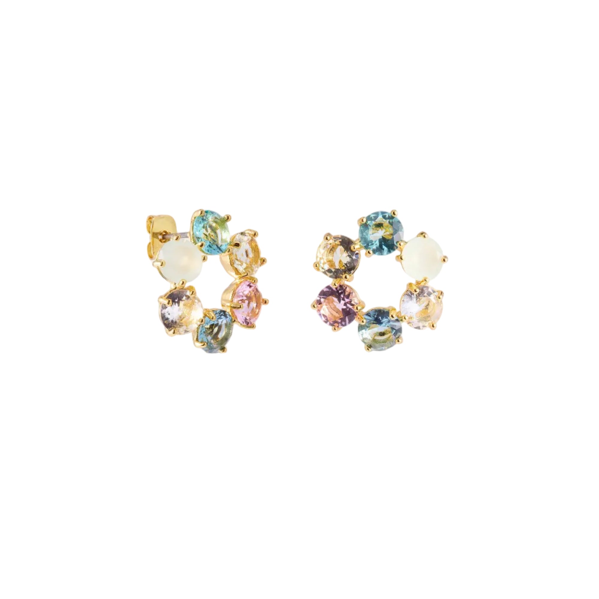 Pair of gold-toned stud earrings with a circular cluster of light blue, pink, yellow, white, purple, and brown gemstones.