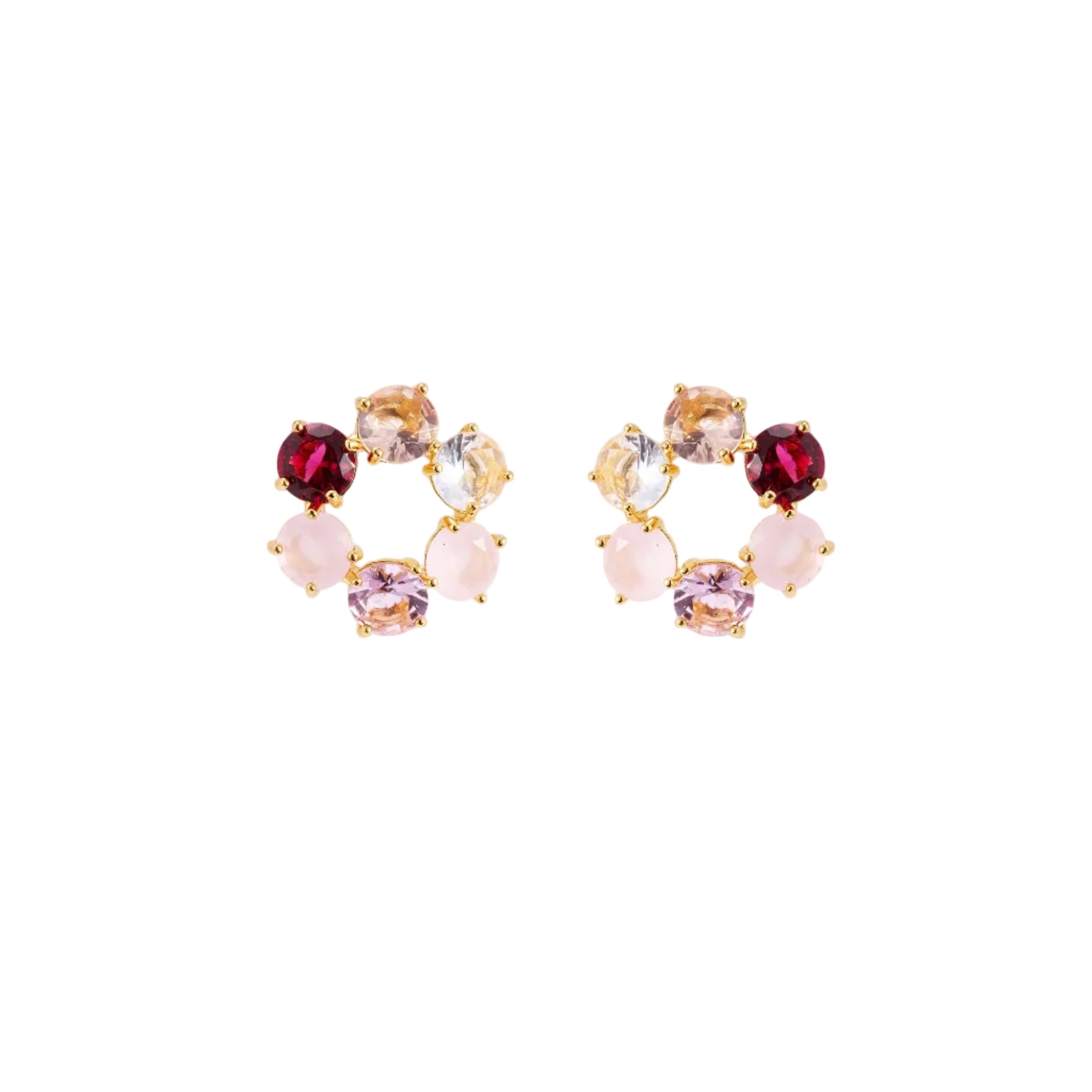 Pair of gold-toned post earrings, each featuring a circular arrangement of faceted gemstones in shades of light pink, peach,