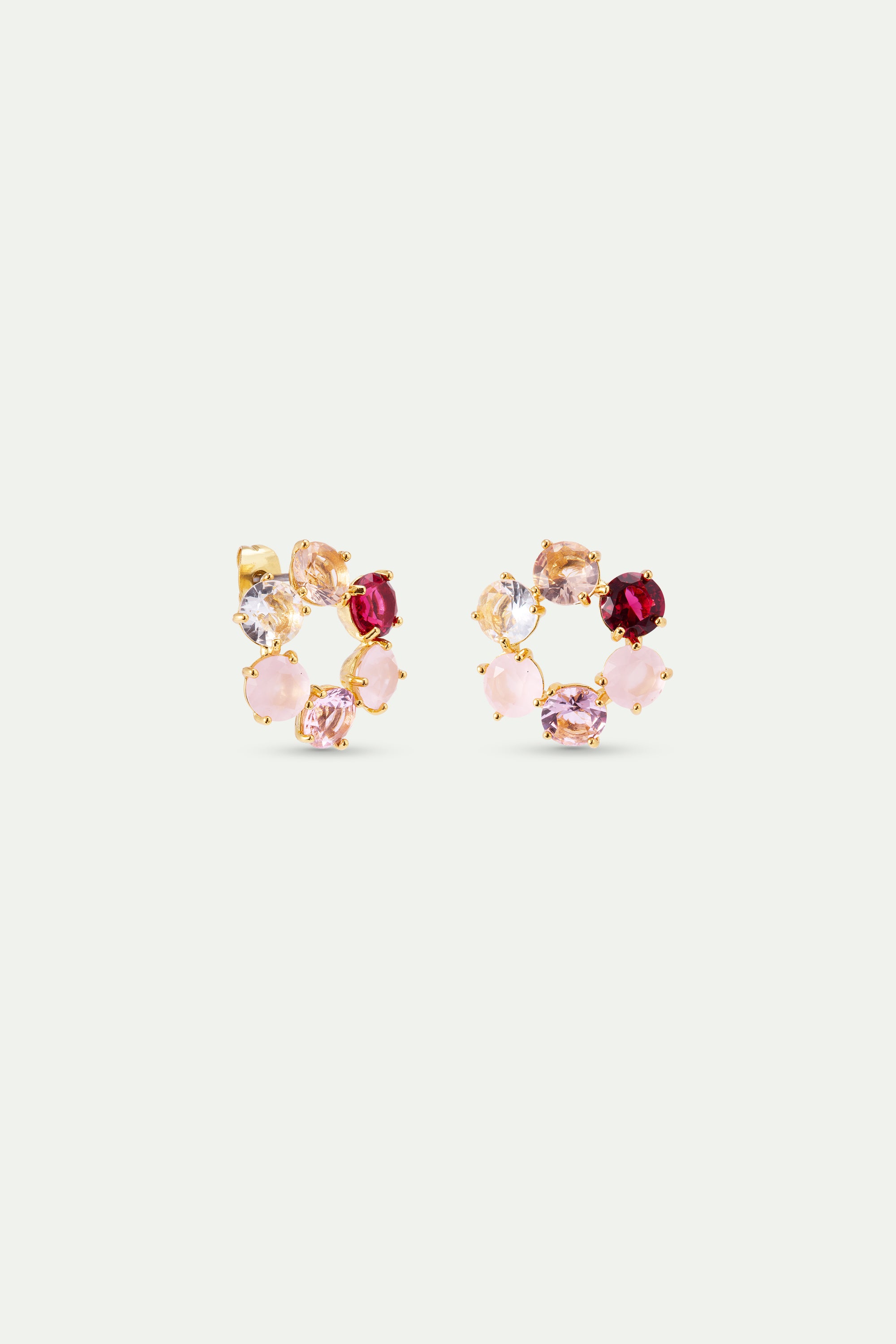 Pair of gold-toned post earrings, each with a cluster of faceted and cabochon gemstones in pink, clear, and deep red.