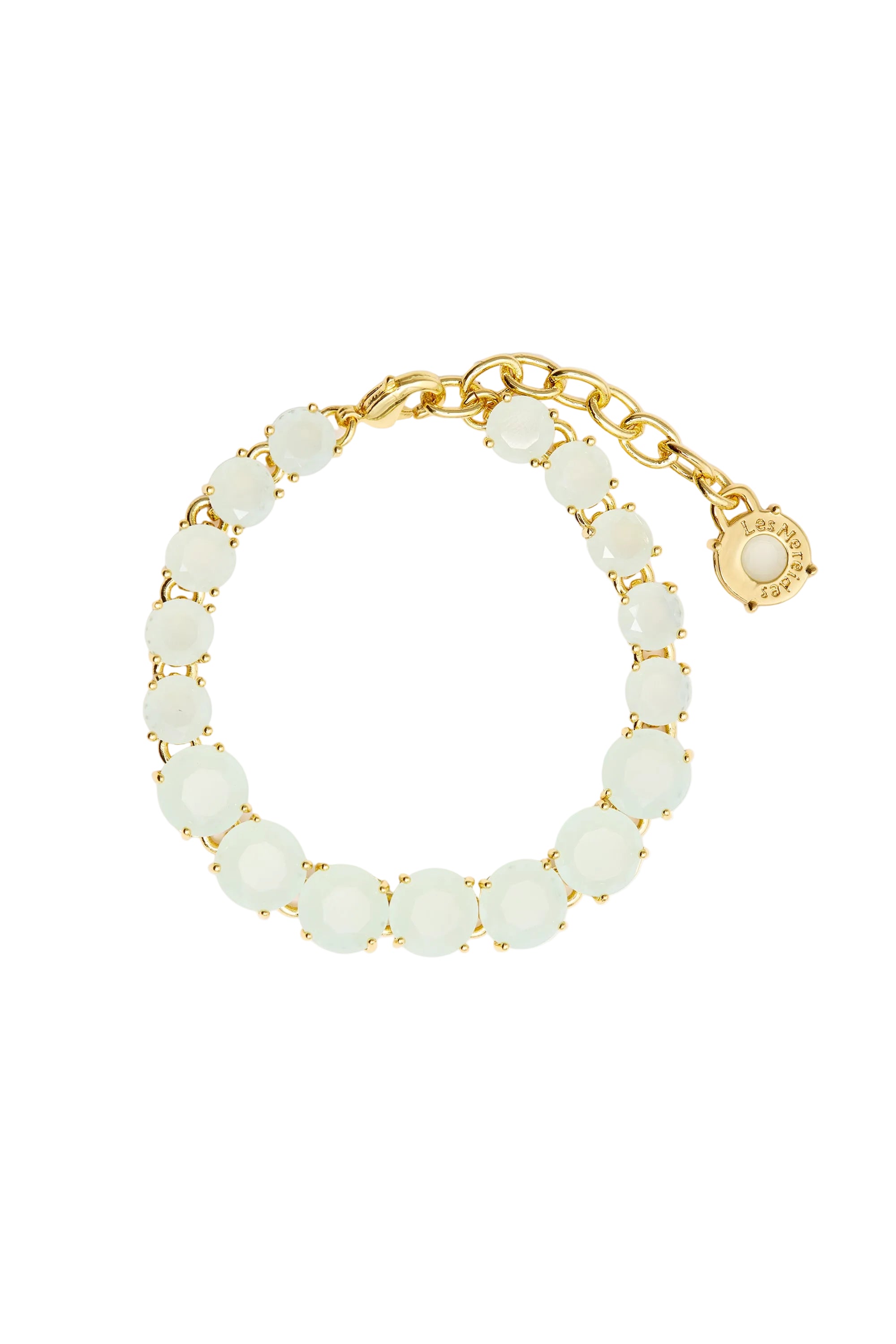 Light water green faceted stone bracelet with gold-toned settings, chain extension, lobster clasp, and branded charm.