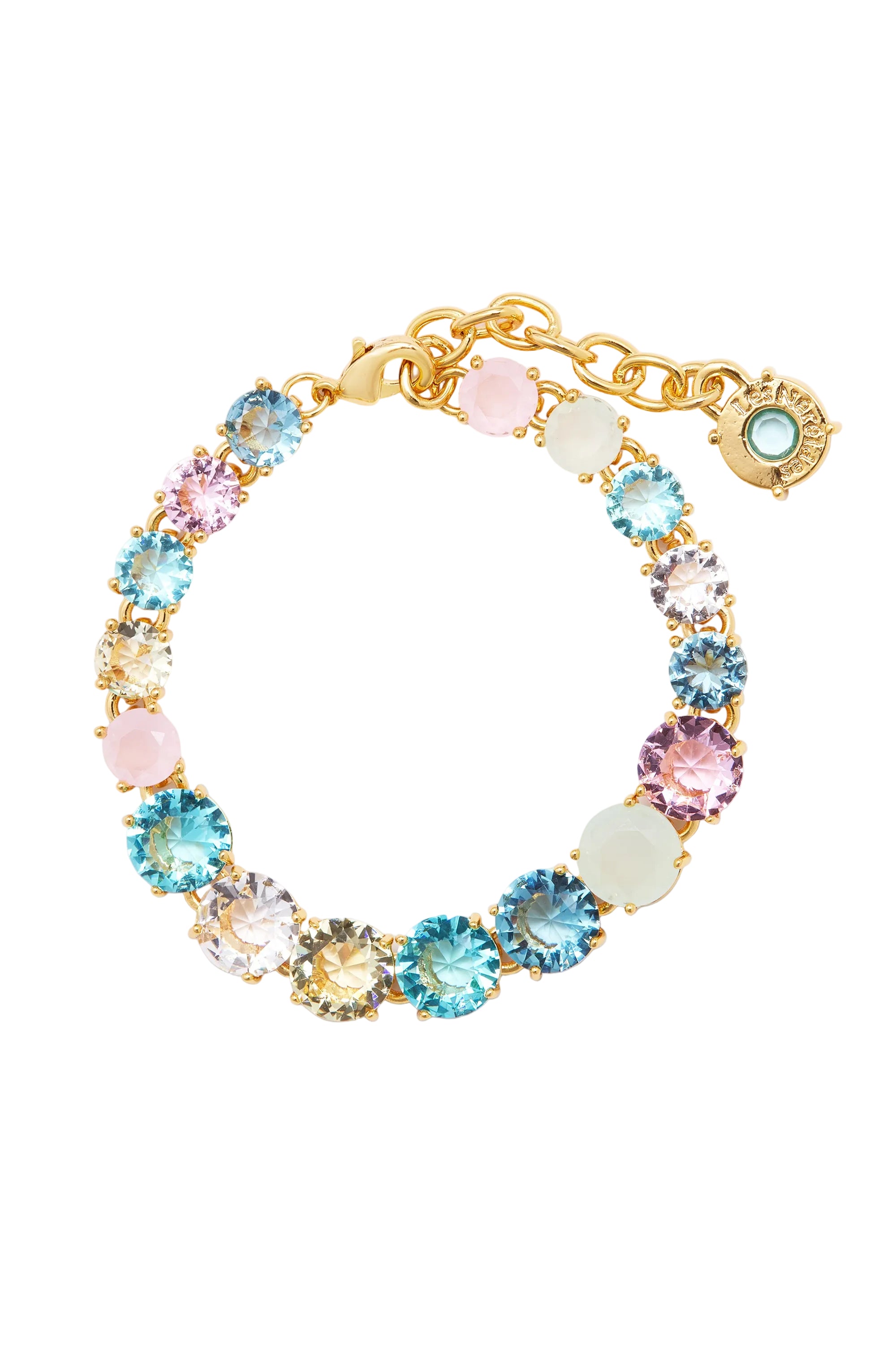 Gold-toned bracelet featuring a continuous line of round, faceted stones in light blue, pink, clear, yellow, and light green.