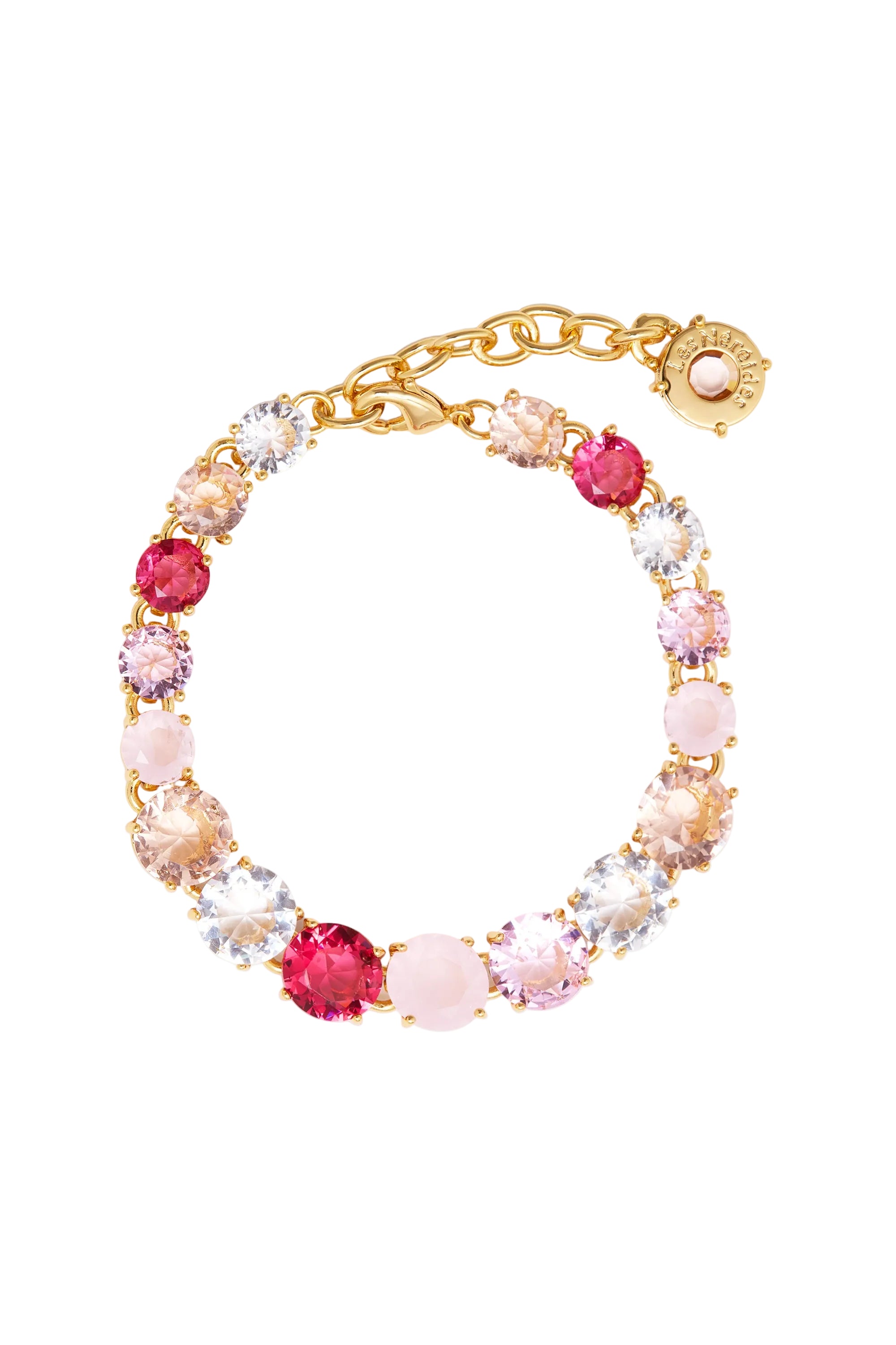 Gold-toned bracelet with round, faceted stones in clear, light pink, medium pink, and fuchsia, featuring a lobster clasp and