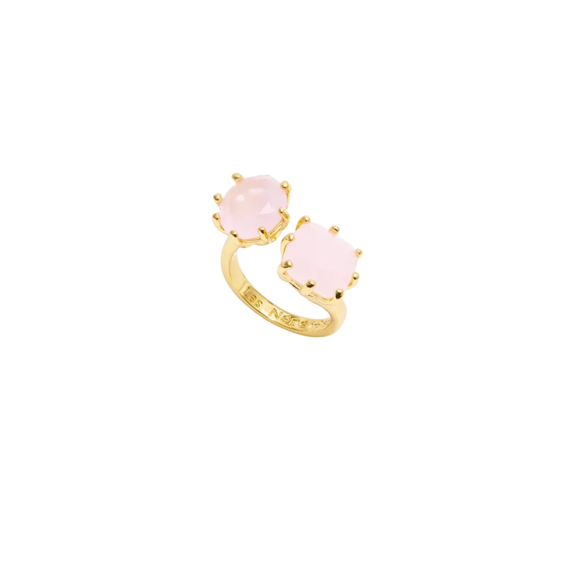 Adjustable gold-toned ring with one oval and one square pale rose cabochon, both set with prongs.
