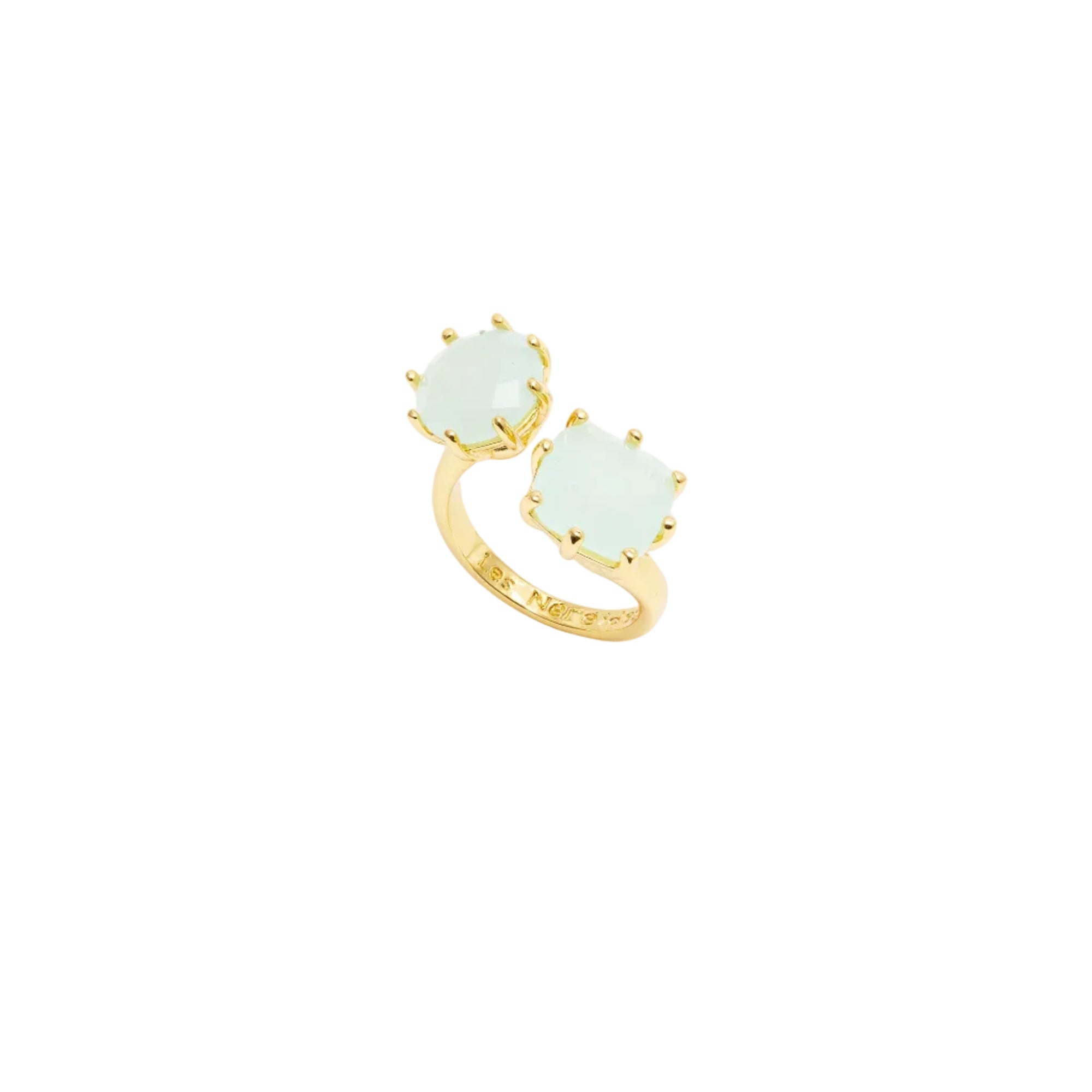 Gold-toned adjustable open ring with two light green faceted stones: one octagonal, one square, both prong-set.