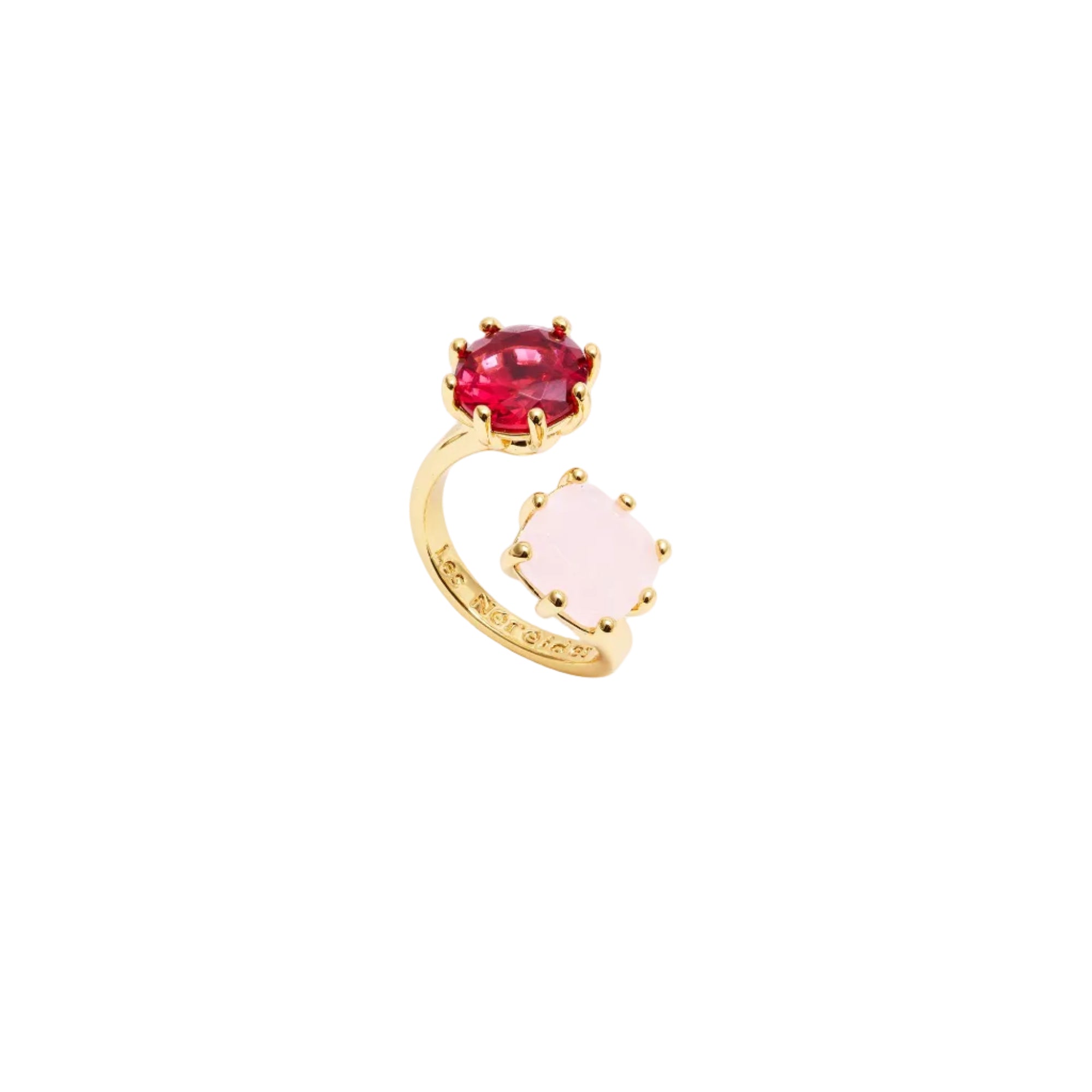 Gold-toned adjustable ring with an oval dark pink faceted stone and a square light pink stone, both prong-set.