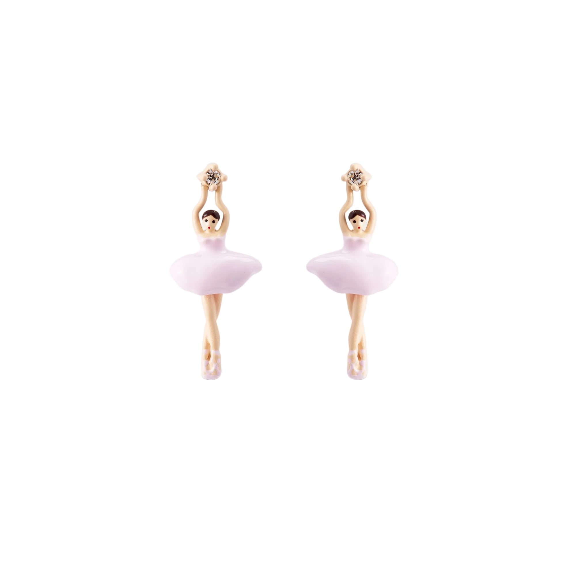 Pair of pink and beige ballerina post earrings, each figure in a graceful pose holding a gold-toned floral motif.