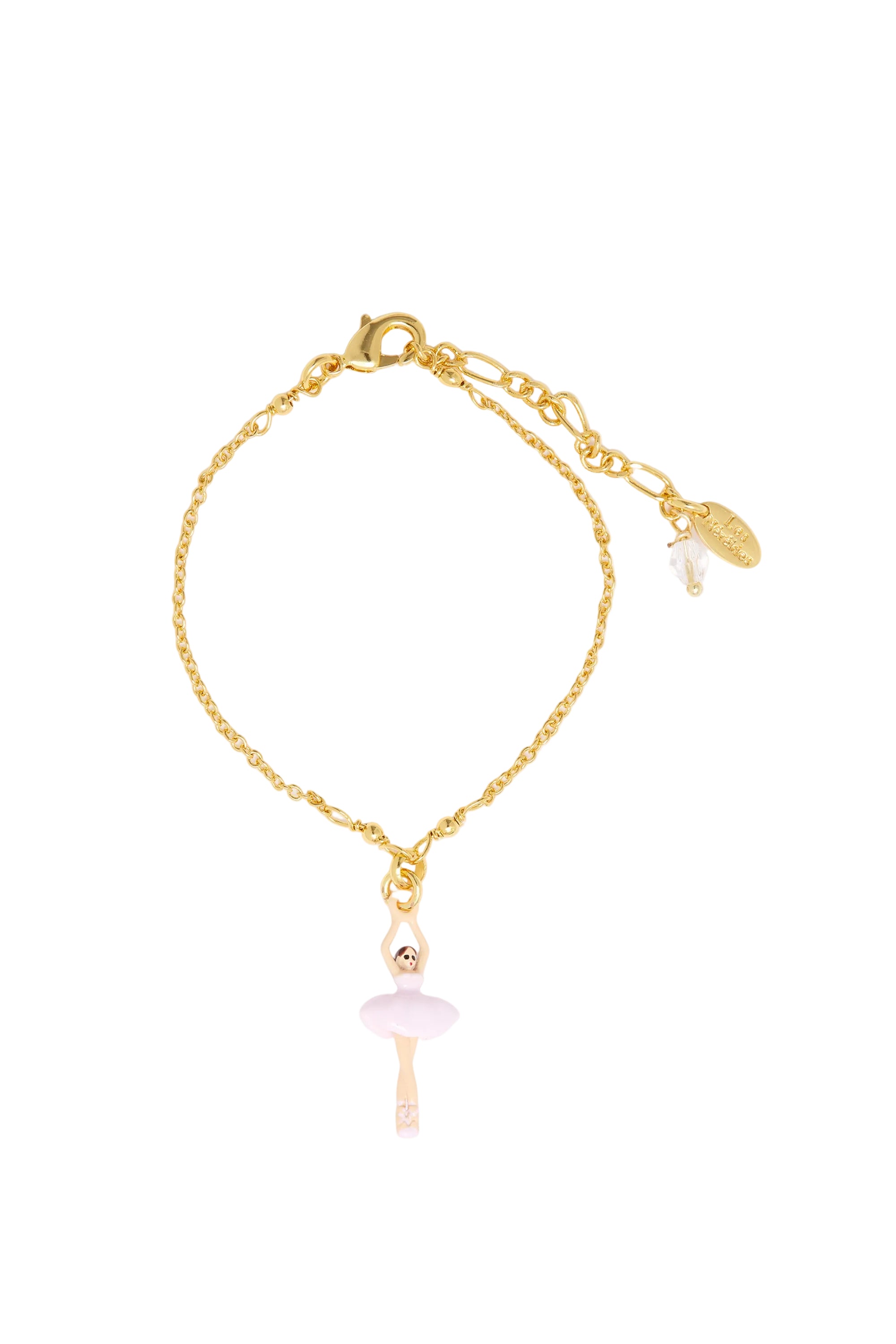 Gold-toned metal bracelet with a pink and skin-toned enamel ballerina charm and a clear faceted bead.