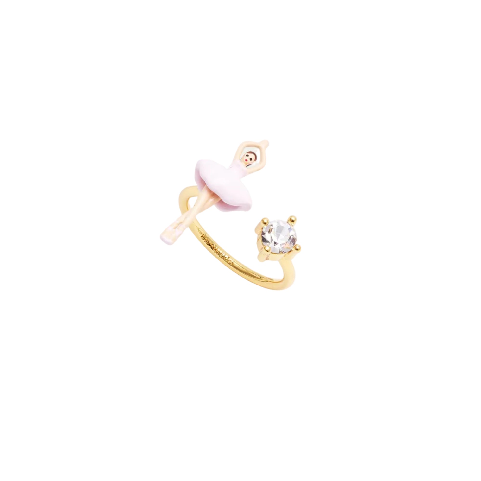 Gold-toned adjustable ring with a light pink and beige ballerina figure and a clear round crystal in a four-prong setting.