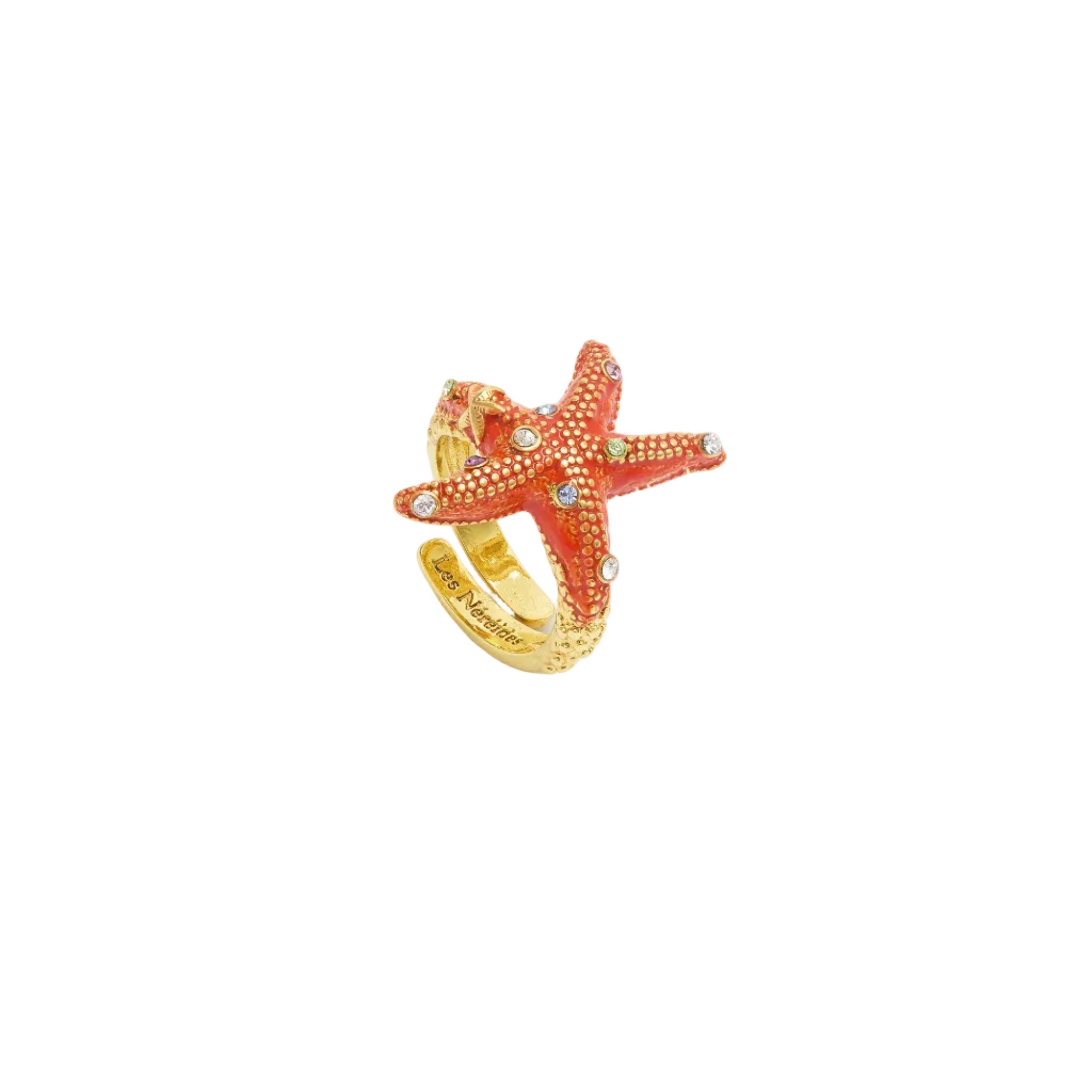 Adjustable gold-toned ring with a red enamel starfish motif, embellished with clear and multi-coloured faceted stones.