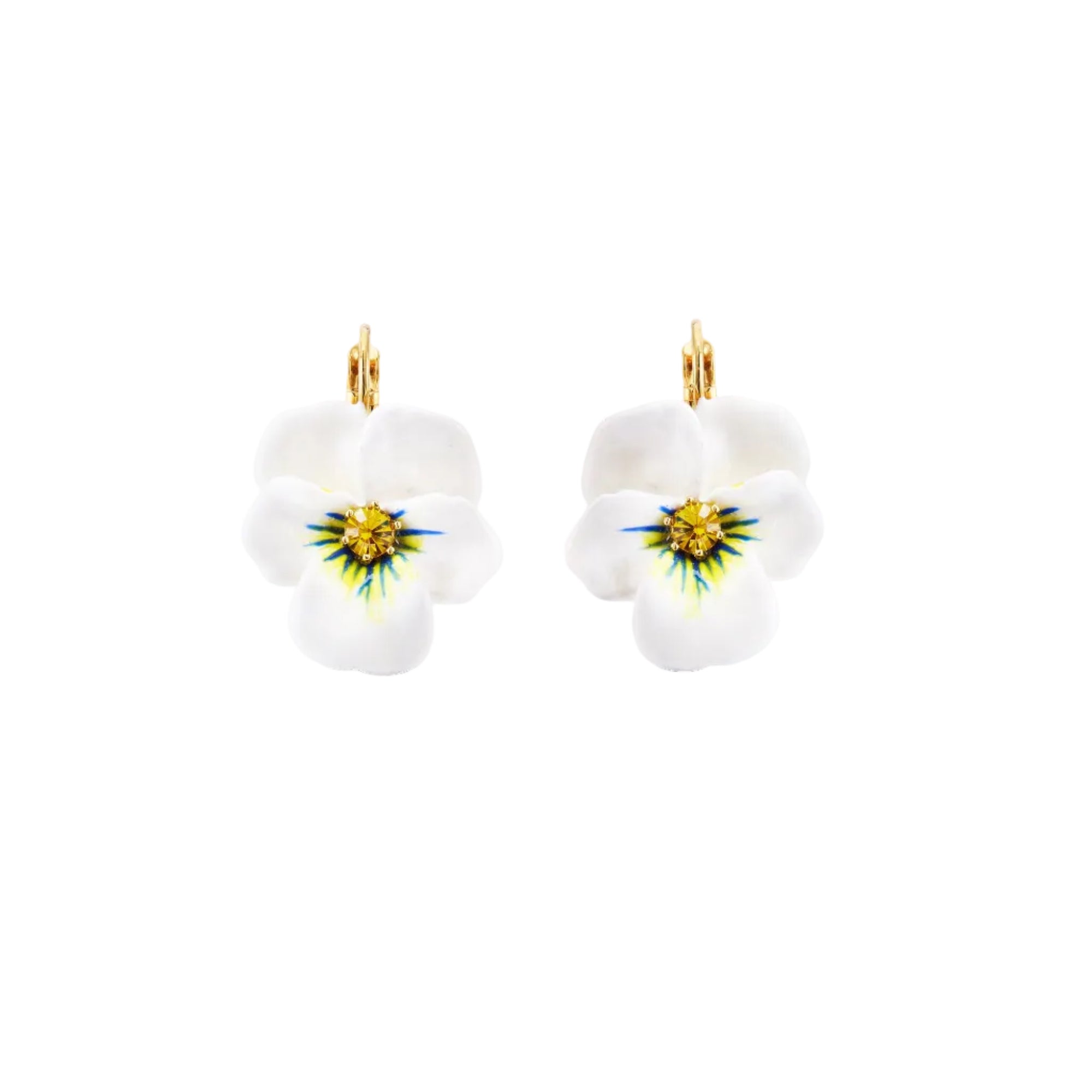 Pair of white pansy flower drop earrings with yellow, blue, and green painted details and a central yellow faceted stone, on