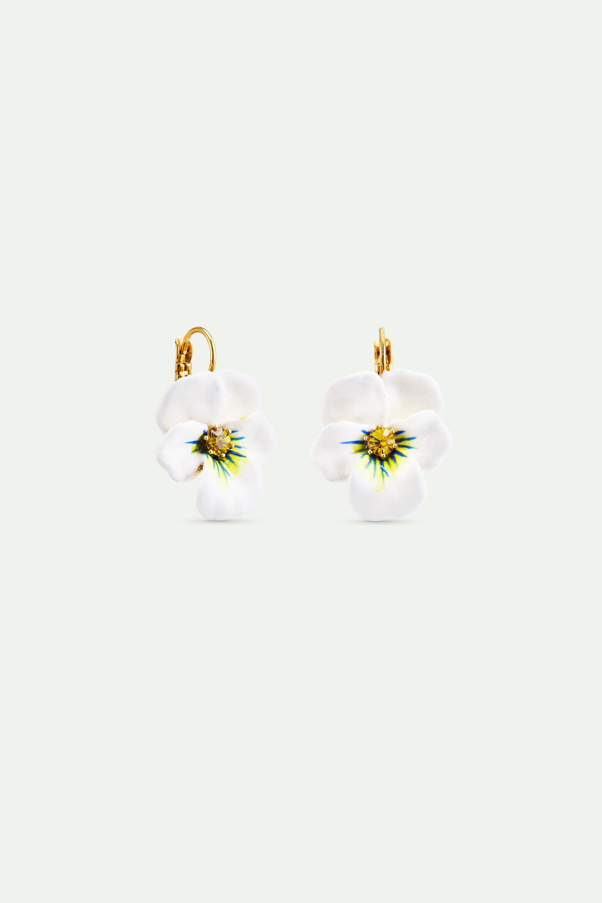 Two gold-toned lever-back earrings, each with a white five-petal flower featuring a yellow gem center and blue and green pain