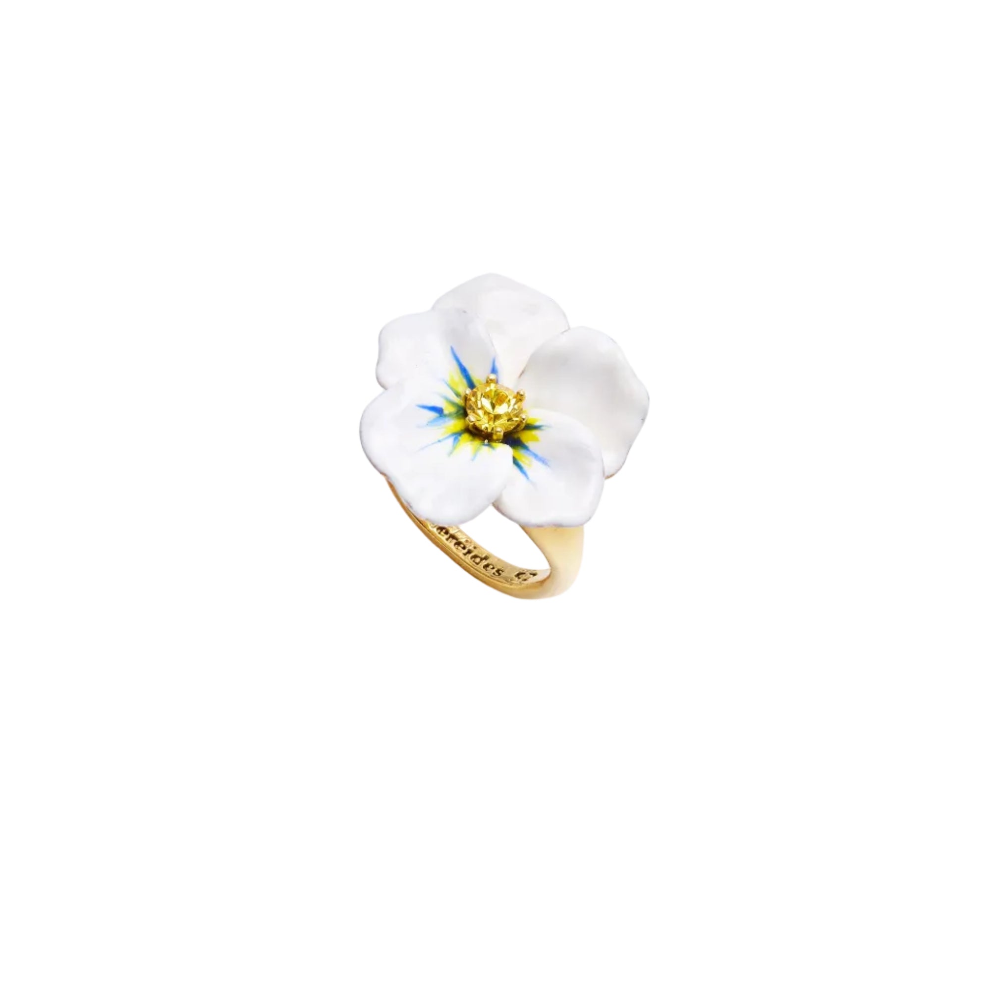 Gold-toned ring with a large white flower featuring a yellow centre and blue accents on the petals.