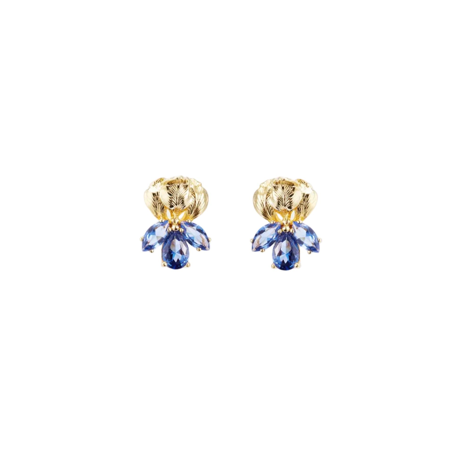 Pair of gold-toned post earrings, each with a textured leaf-like top and three faceted blue teardrop stones clustered below.
