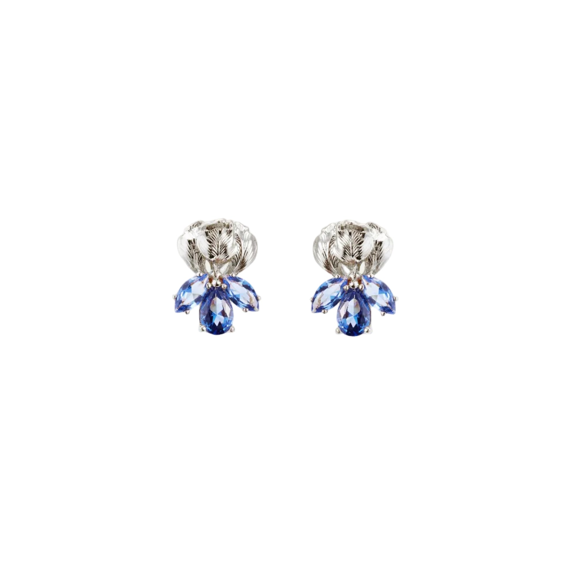 Pair of silver-toned post earrings with a textured feather-like top and three dangling blue faceted teardrop stones.