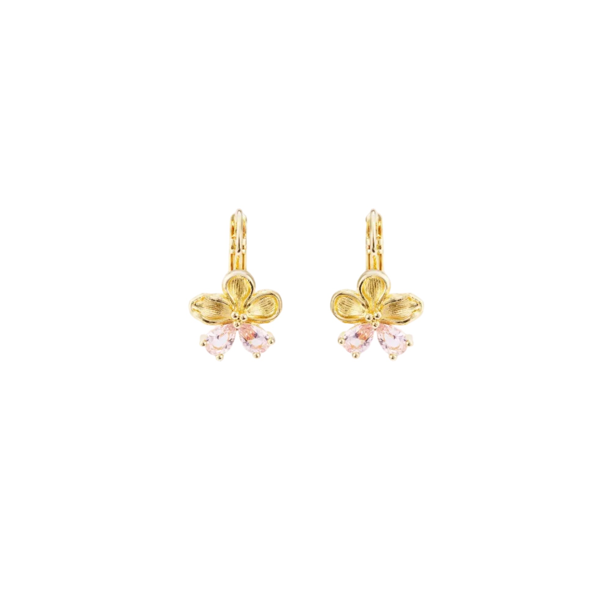 Pair of gold-toned sleeper earrings with a five-petal flower design. Three petals are gold-toned, two are pink pear-shaped st