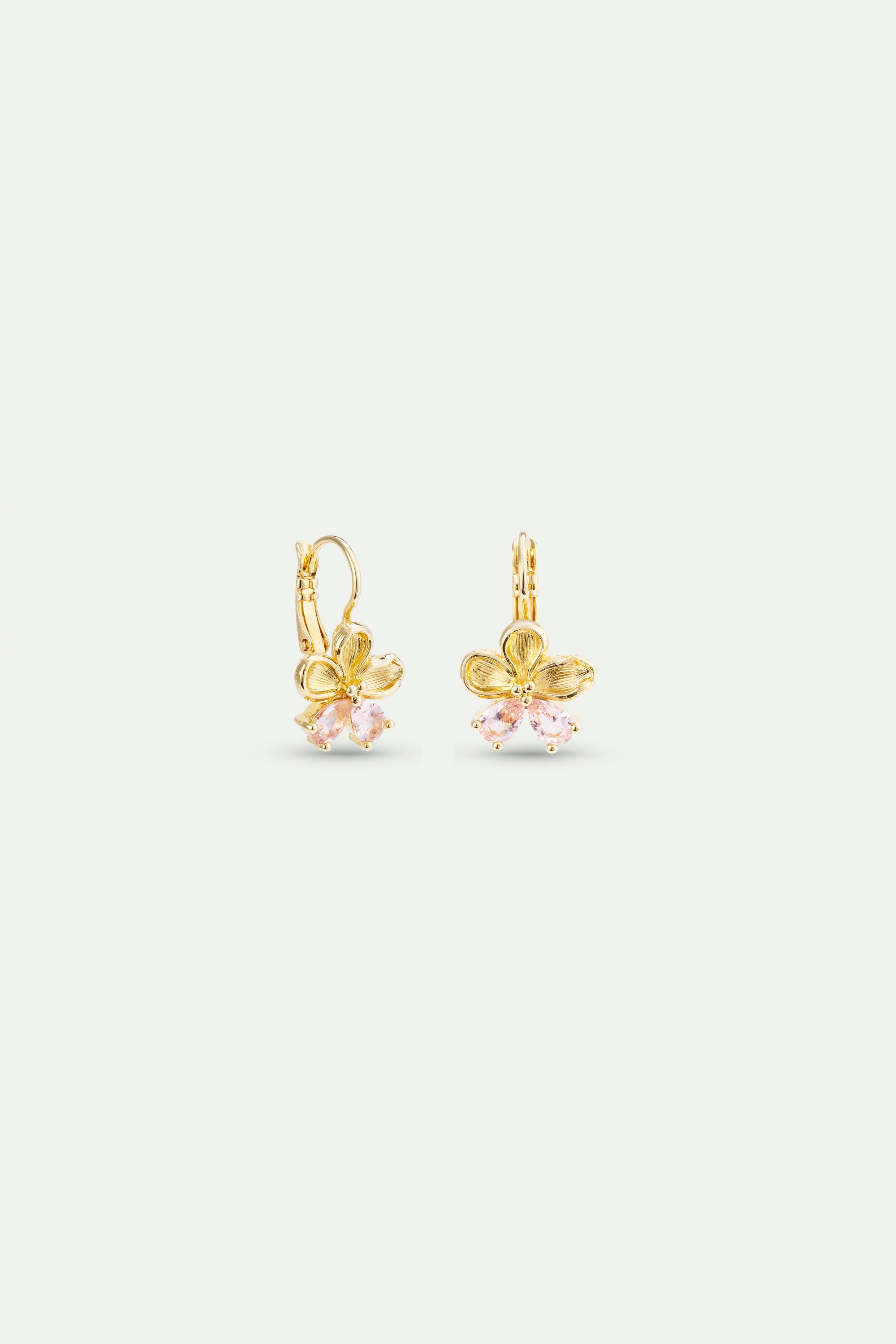 Pair of gold-toned sleeper earrings, each with a textured flower and three dangling light pink pear-shaped faceted stones.