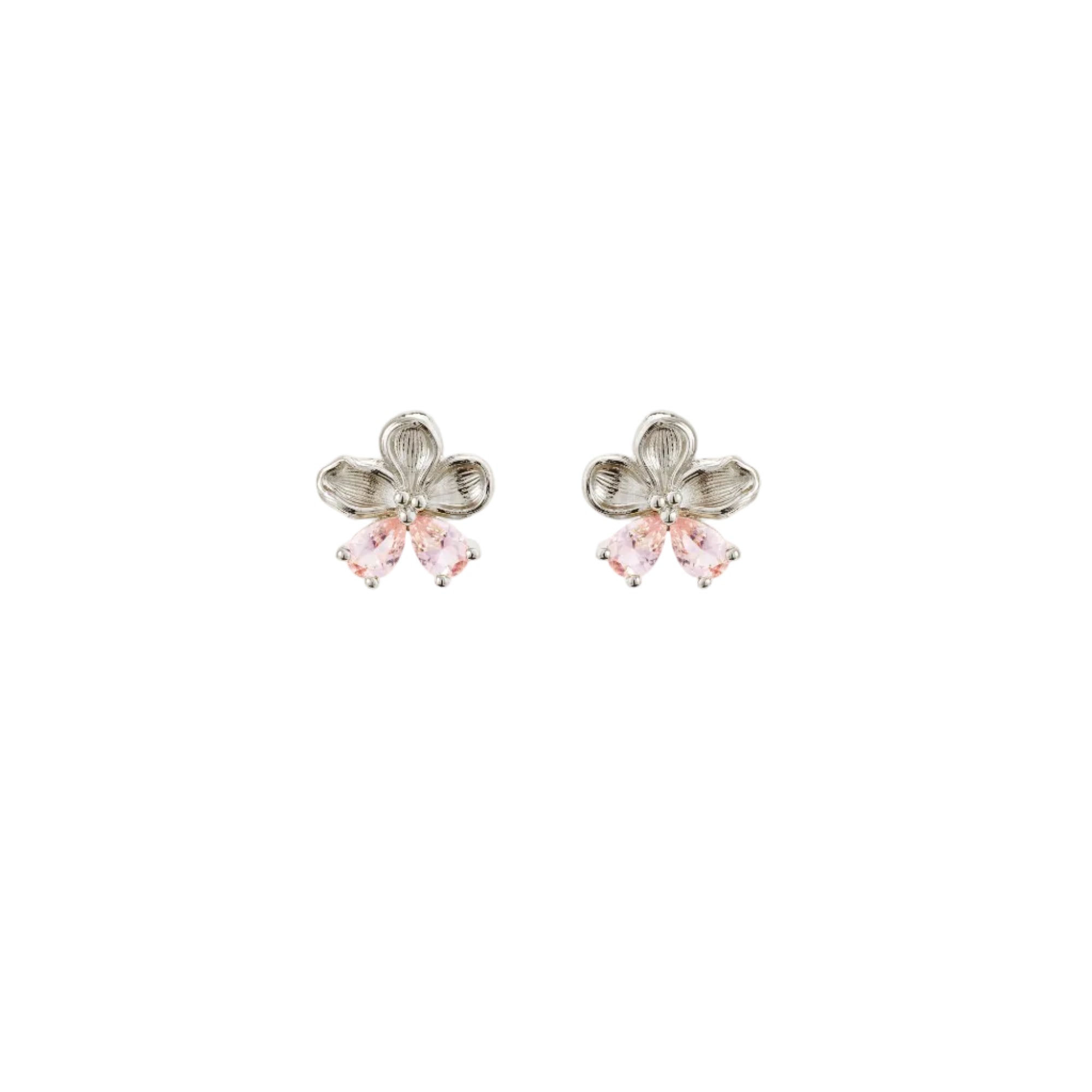 Pair of silver-toned floral post earrings with textured petals and three dangling light pink pear-shaped stones.