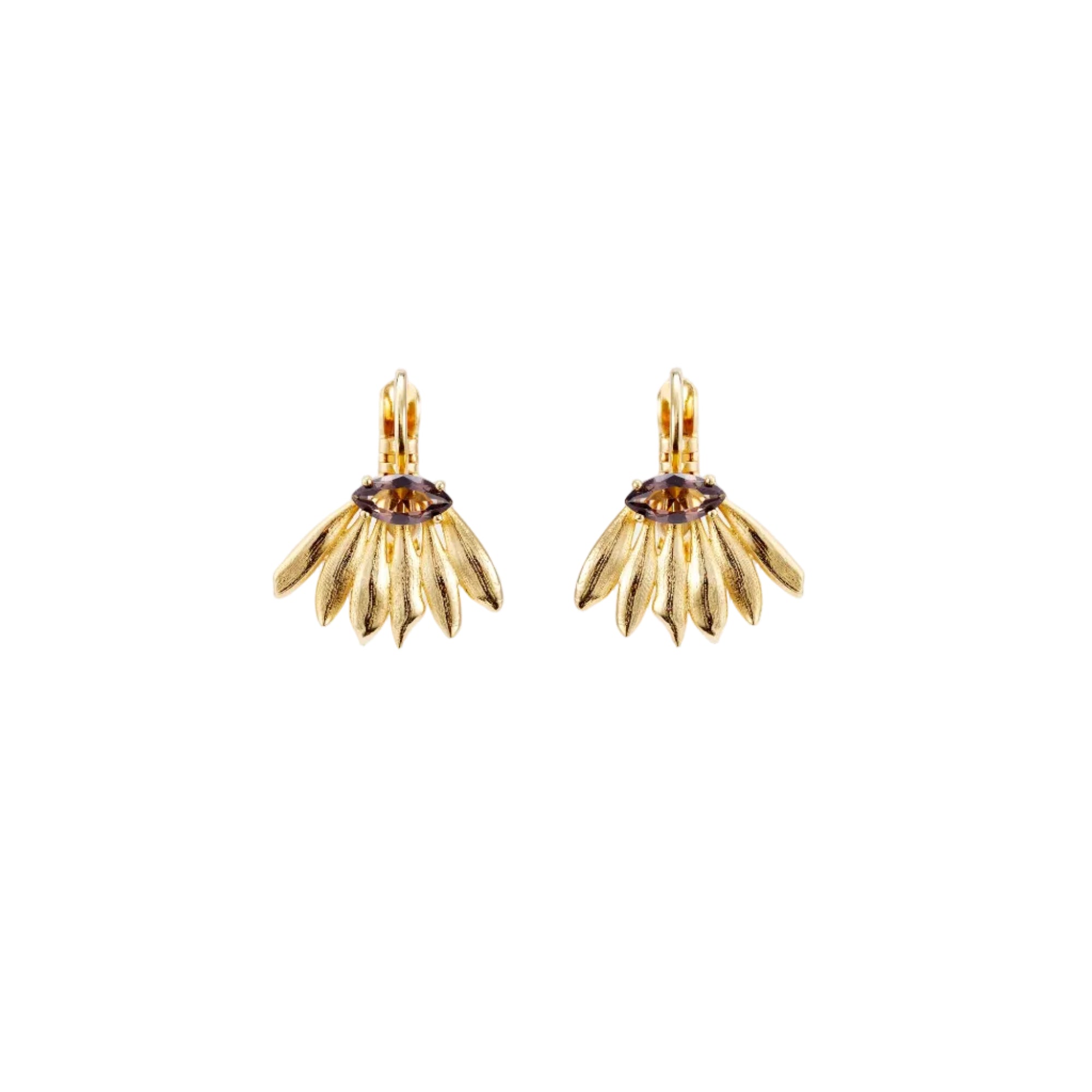 Pair of gold-toned sleeper earrings, each with a dark purple marquise gem and a fan of textured gold-toned petals.
