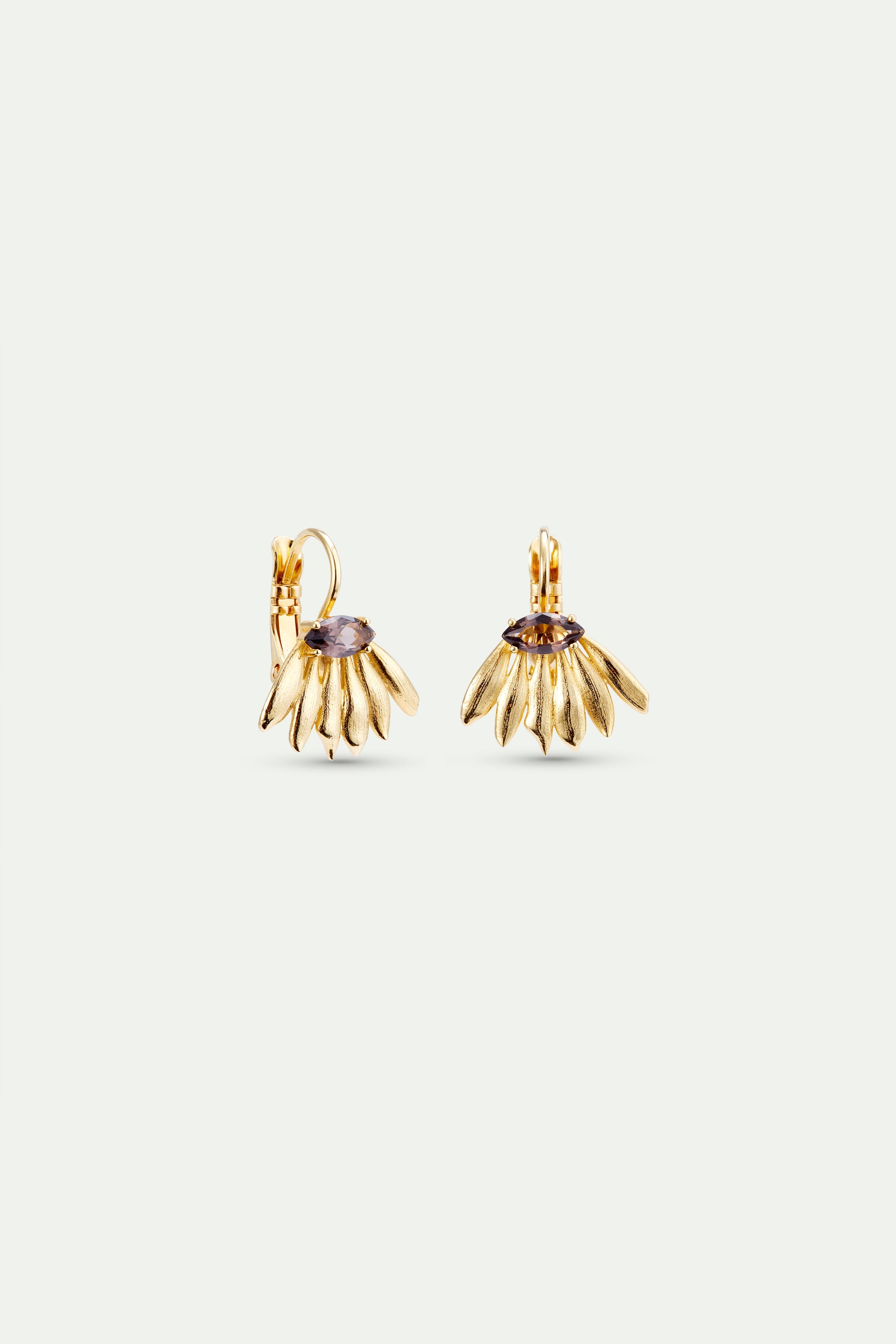 Pair of gold-toned sleeper earrings, each with fanned petals and a central purple marquise-cut stone.