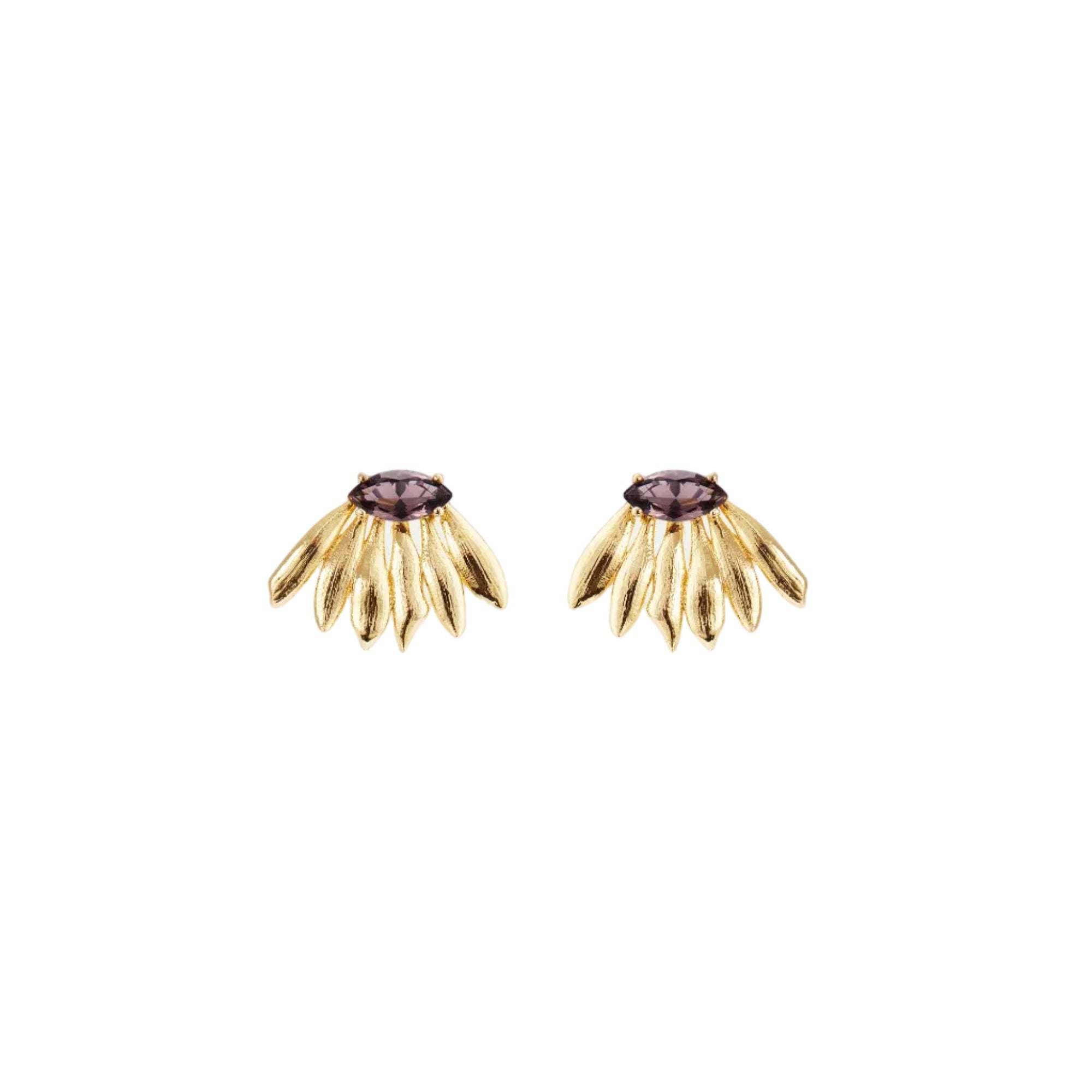 Pair of gold-toned post earrings with textured leaf-like elements and a central oval-cut purple faceted stone.