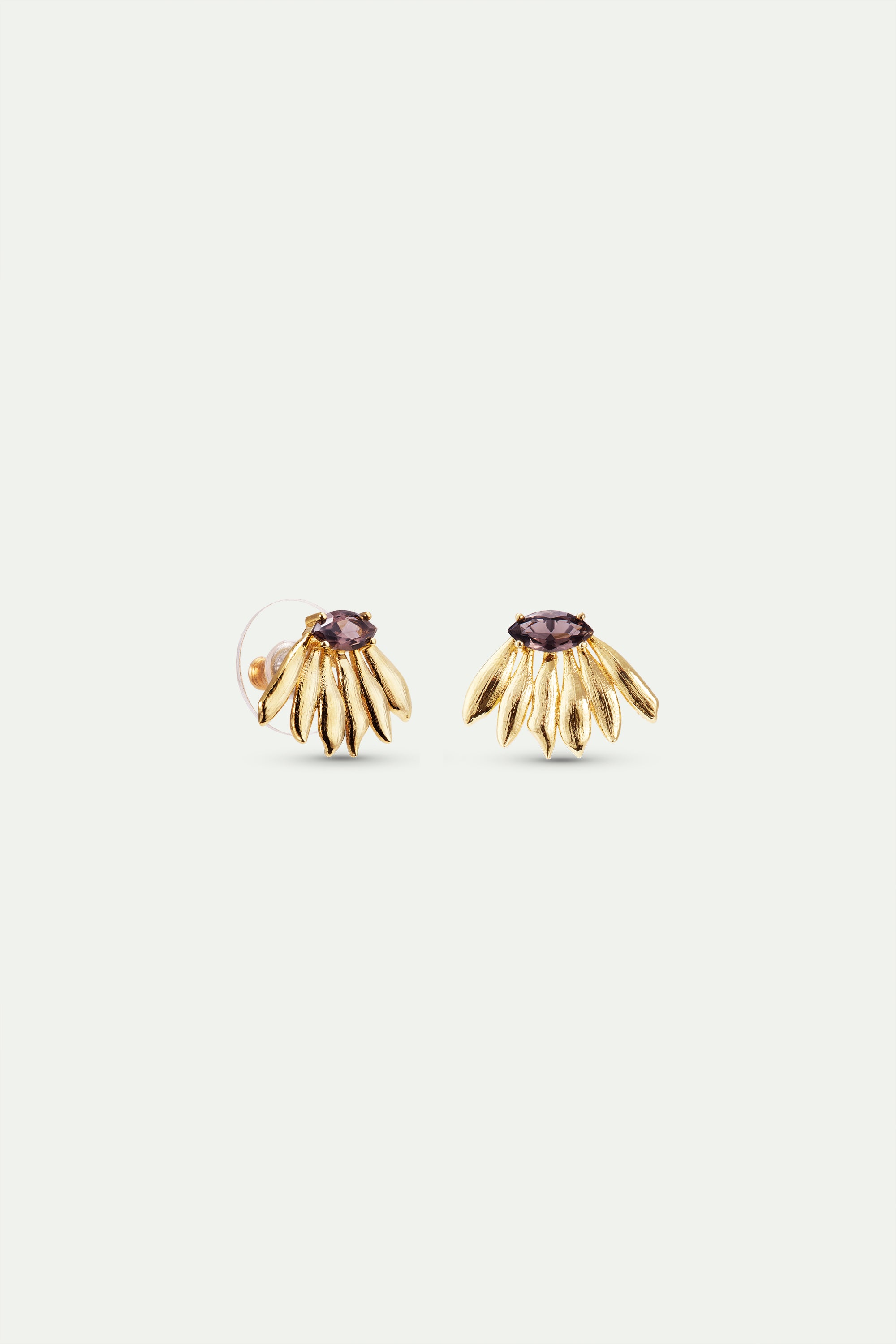 Pair of gold-toned post earrings, each with a central purple stone and fanned-out textured petals. Left earring has a clear b