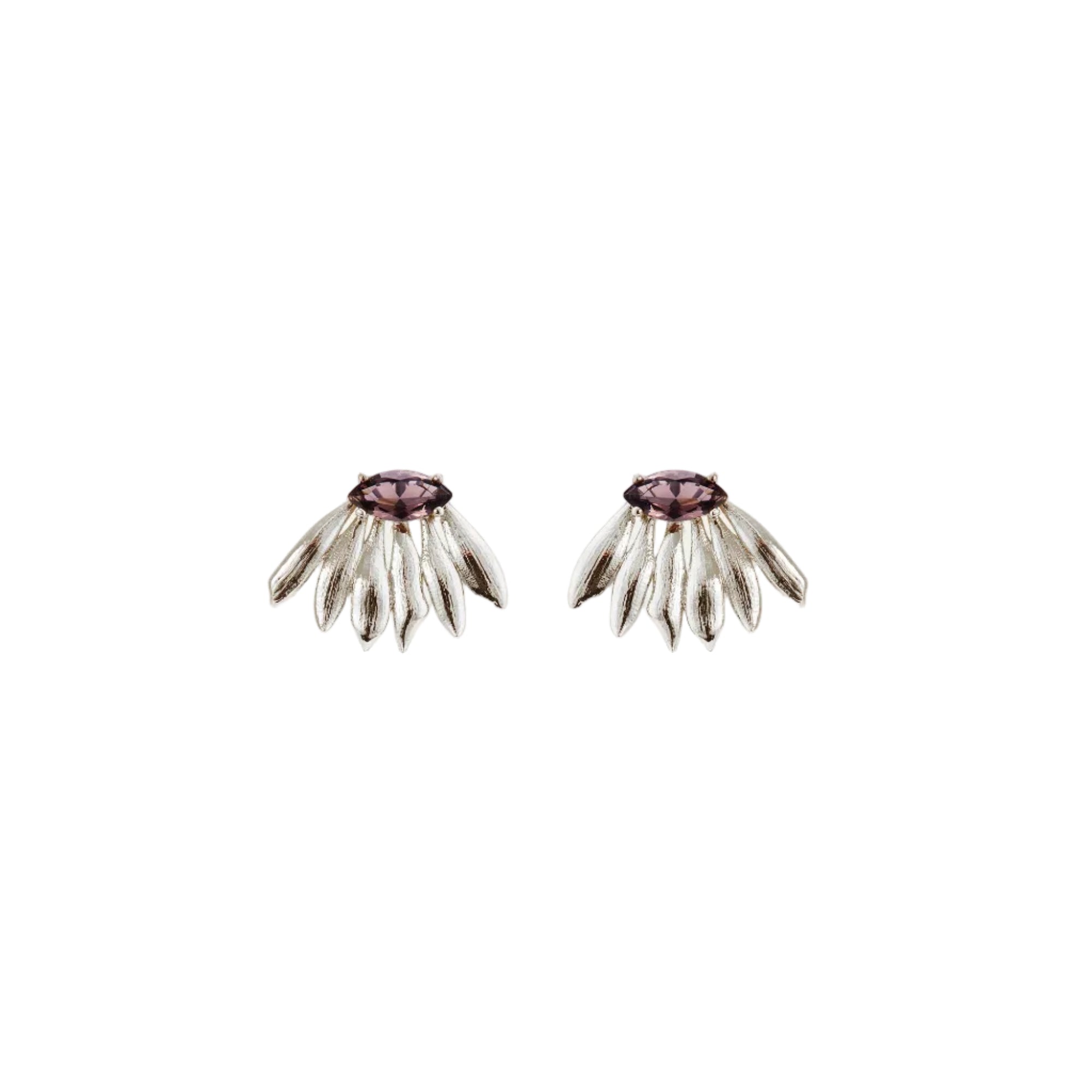 Pair of post earrings, each with a central purple faceted stone and silver-toned, textured, leaf-like petals fanning downward
