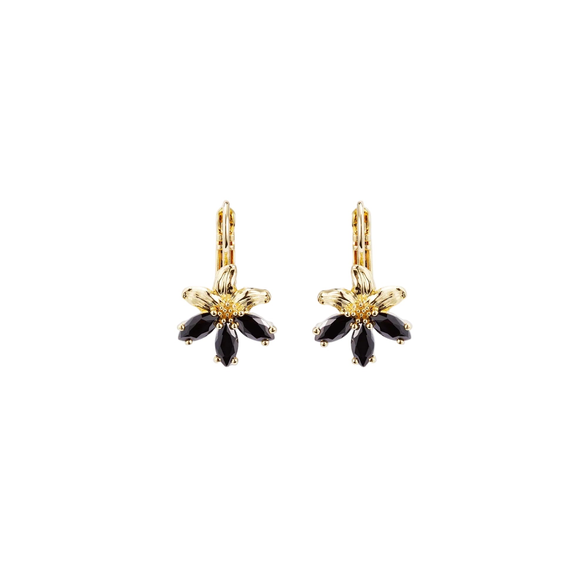 Pair of gold-toned sleeper earrings, each featuring a five-petal floral design with black marquise-cut stones.