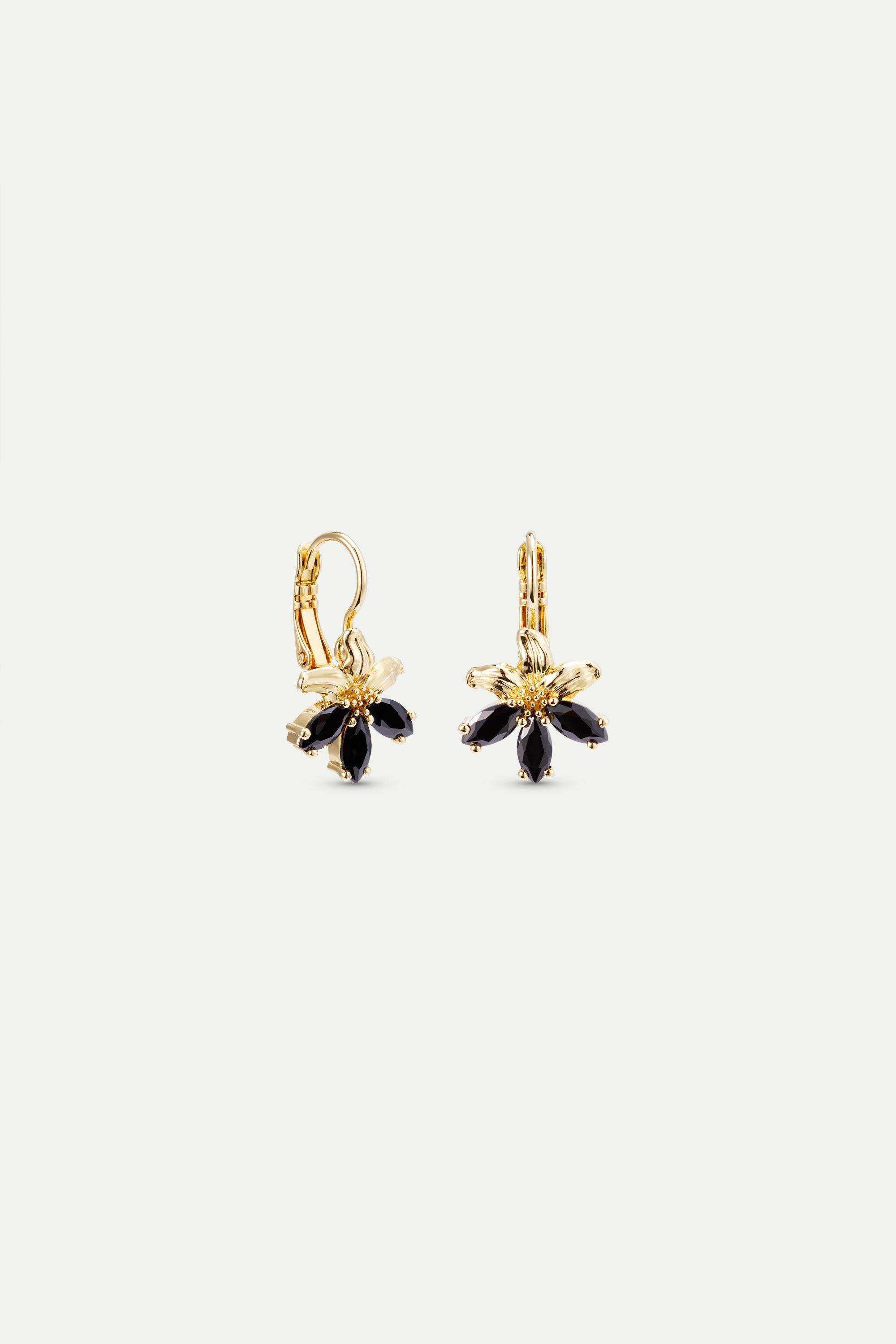 Pair of gold-toned sleeper earrings, each featuring a flower design with five black marquise-cut stones as petals.