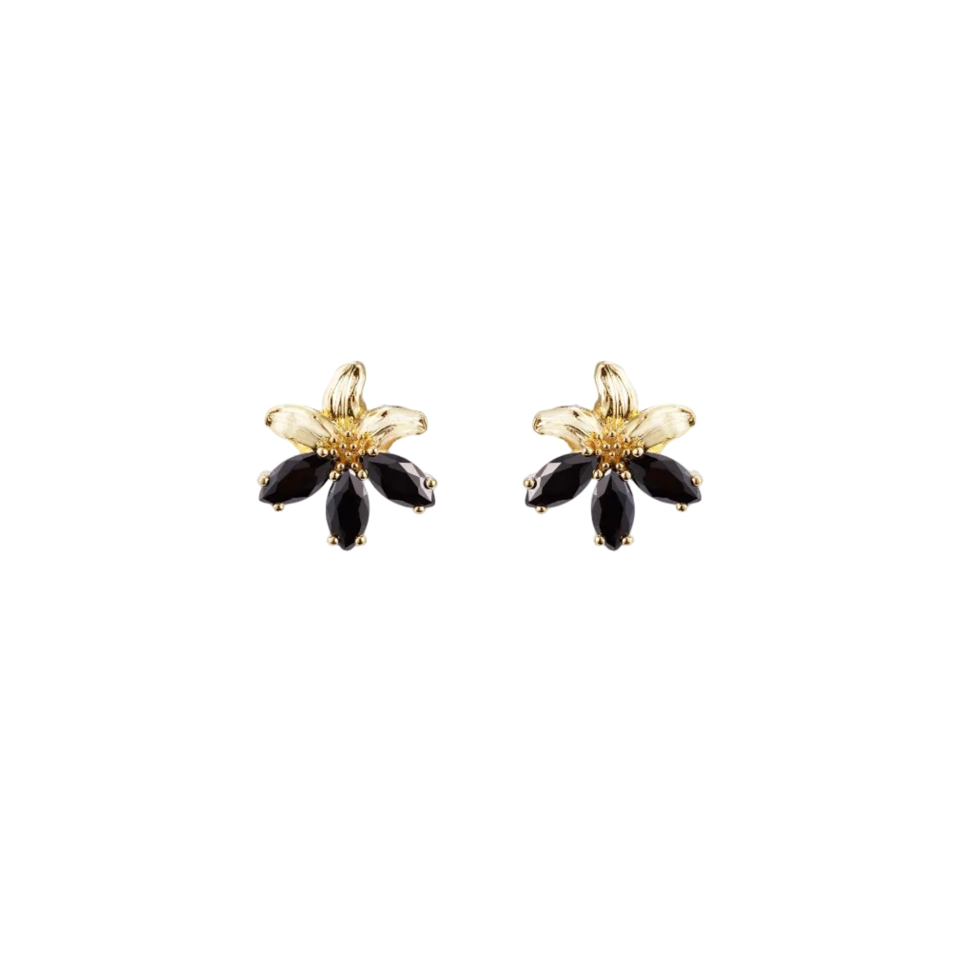 Pair of gold-toned post earrings, each featuring a textured gold-toned flower top with five black marquise-cut stones forming
