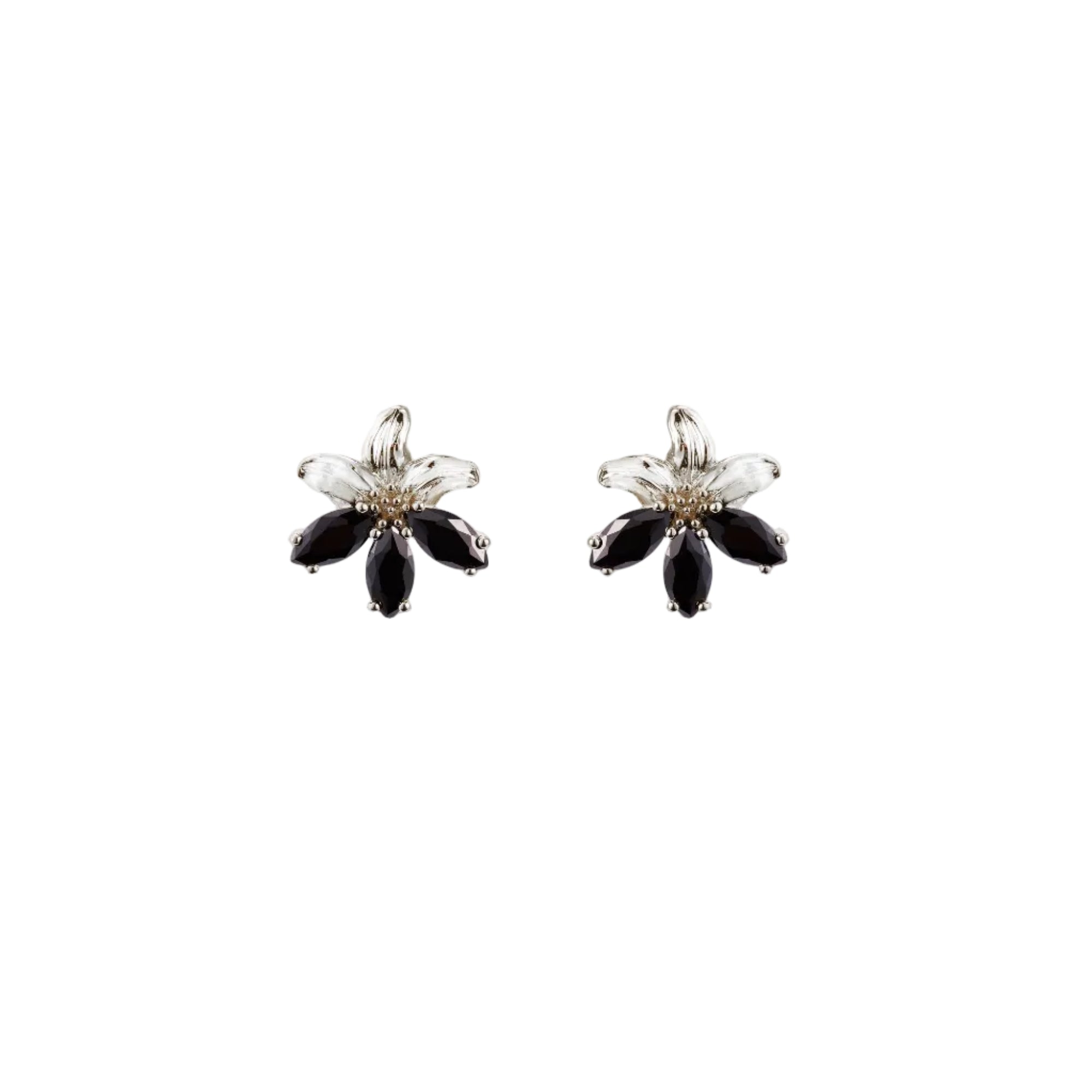 Pair of silver-toned post earrings with a floral design. Each earring features clear and black marquise-cut faceted stones.