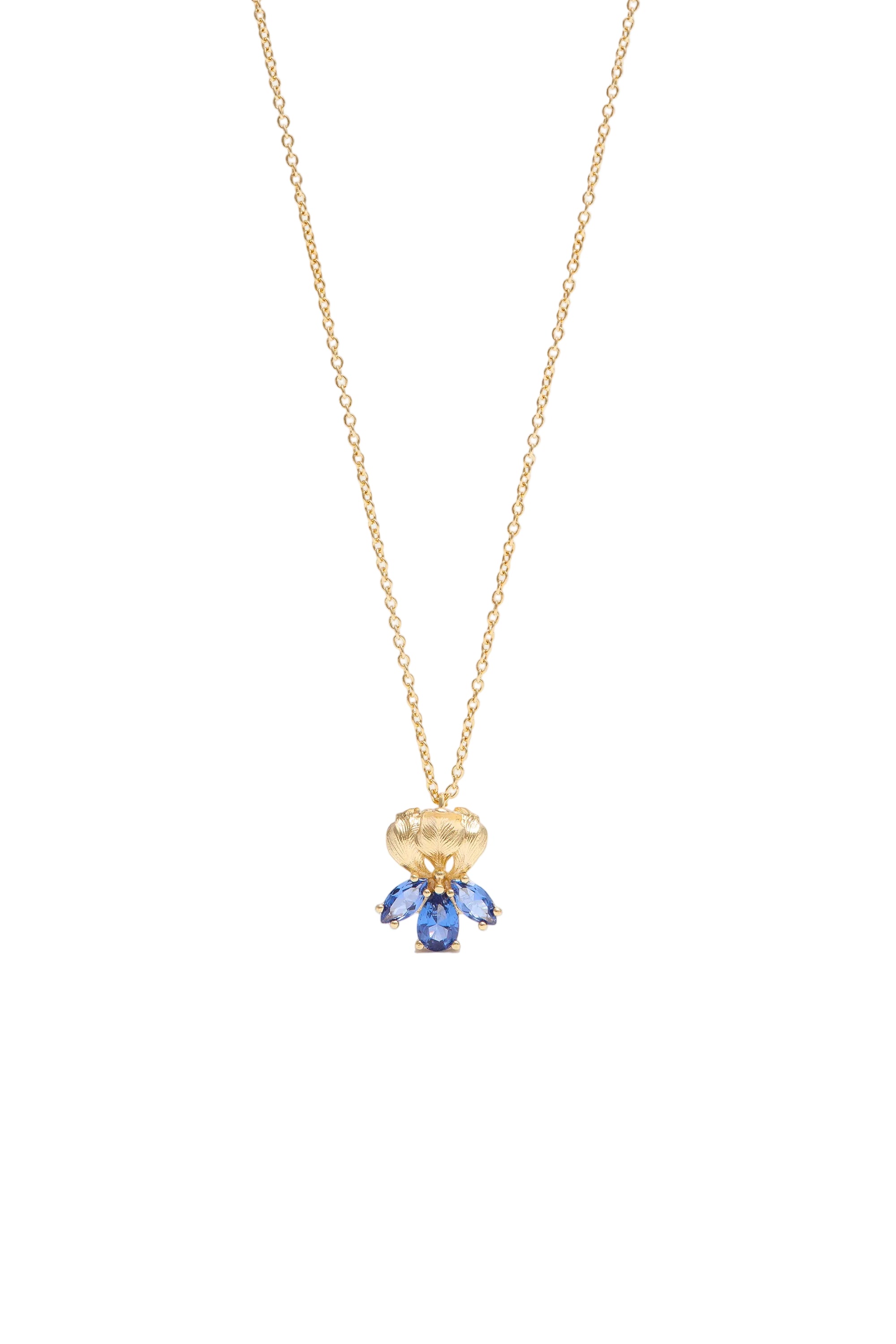 Gold-toned necklace with a textured dome pendant and a cluster of five blue marquise-cut faceted stones.