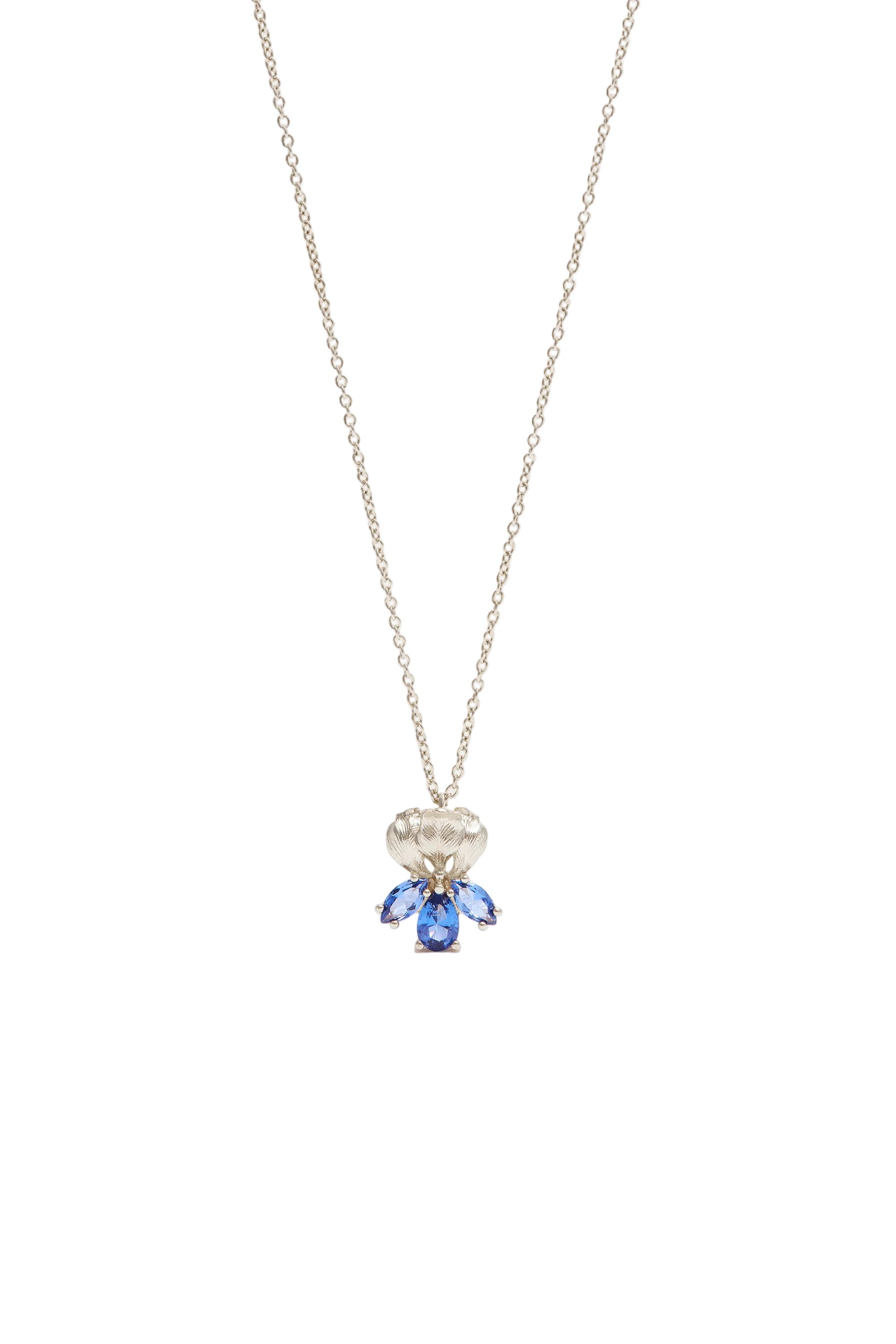 Silver-toned necklace with a textured, dome-shaped pendant featuring five vibrant blue marquise-cut stones arranged in a clus
