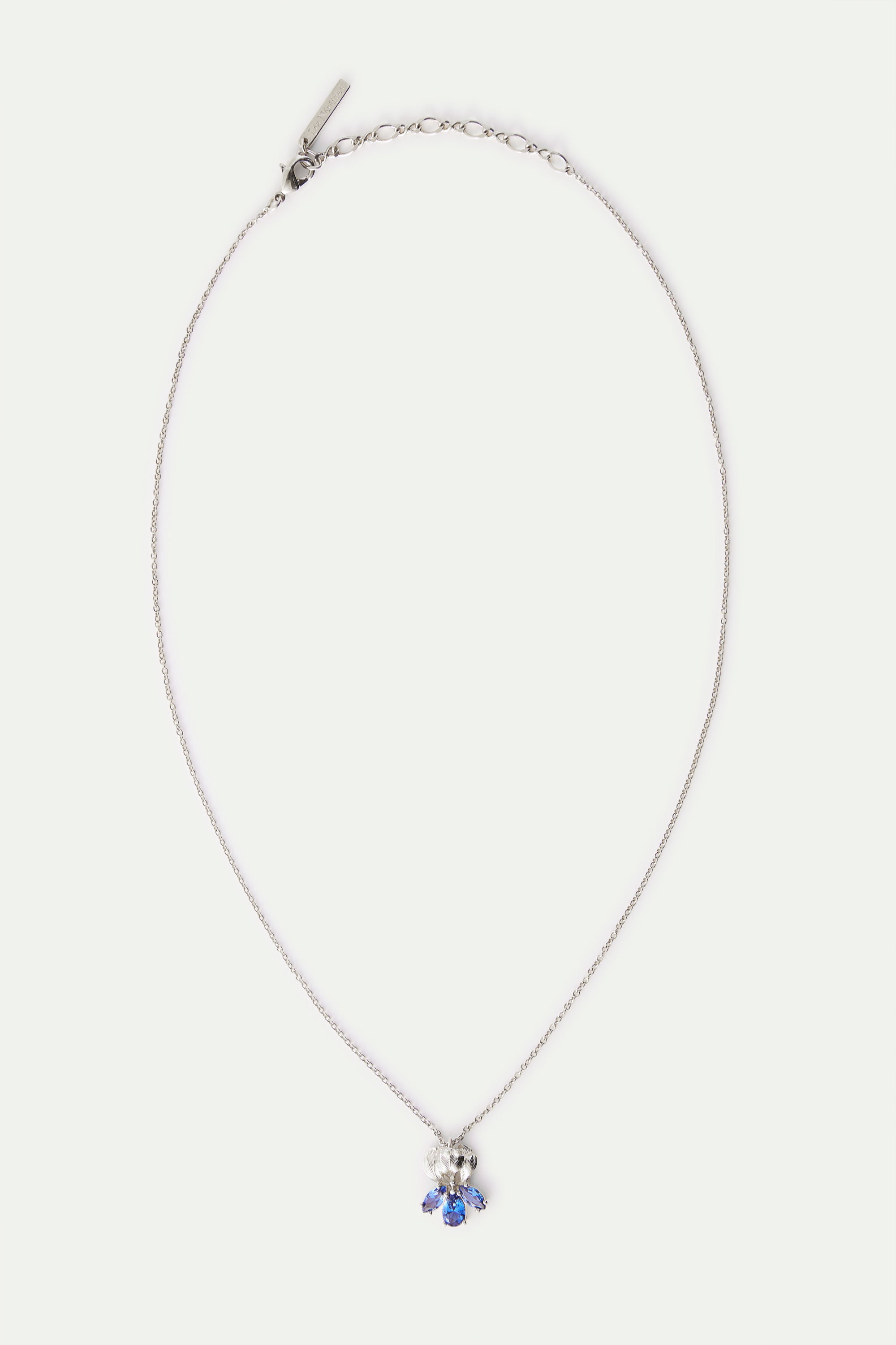 Silver-toned necklace with a delicate chain and a pendant featuring clear and blue faceted floral elements.