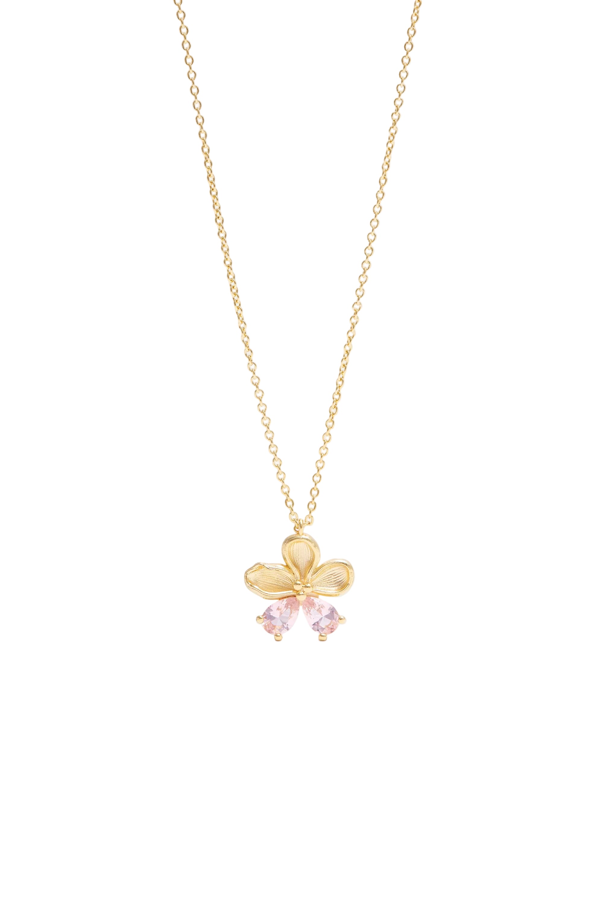 Gold-toned necklace with a flower pendant featuring textured petals and two pink faceted teardrop stones.