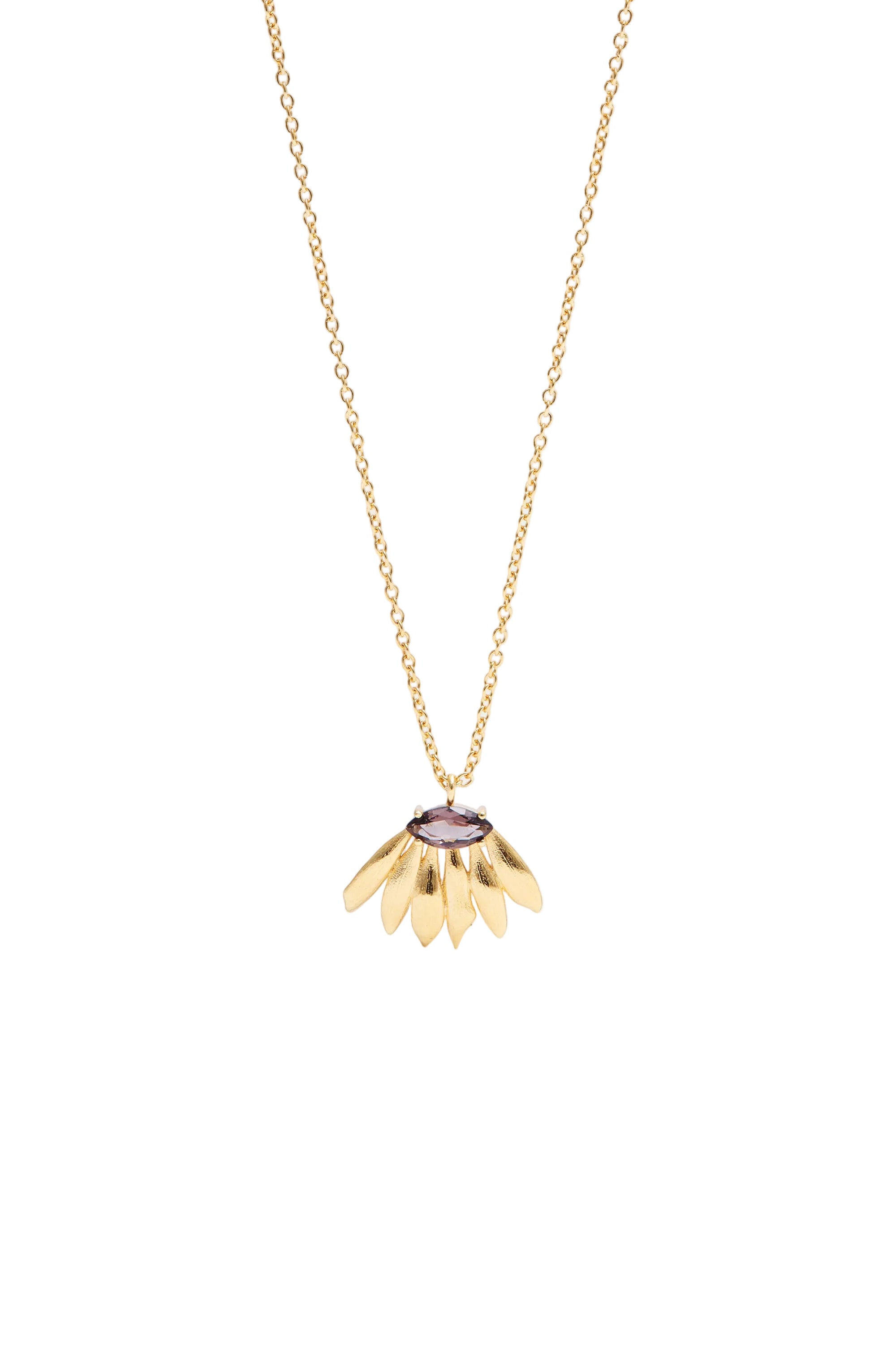 Gold-toned necklace with a delicate chain and a pendant featuring an oval purple faceted stone atop textured, fanned gold-ton