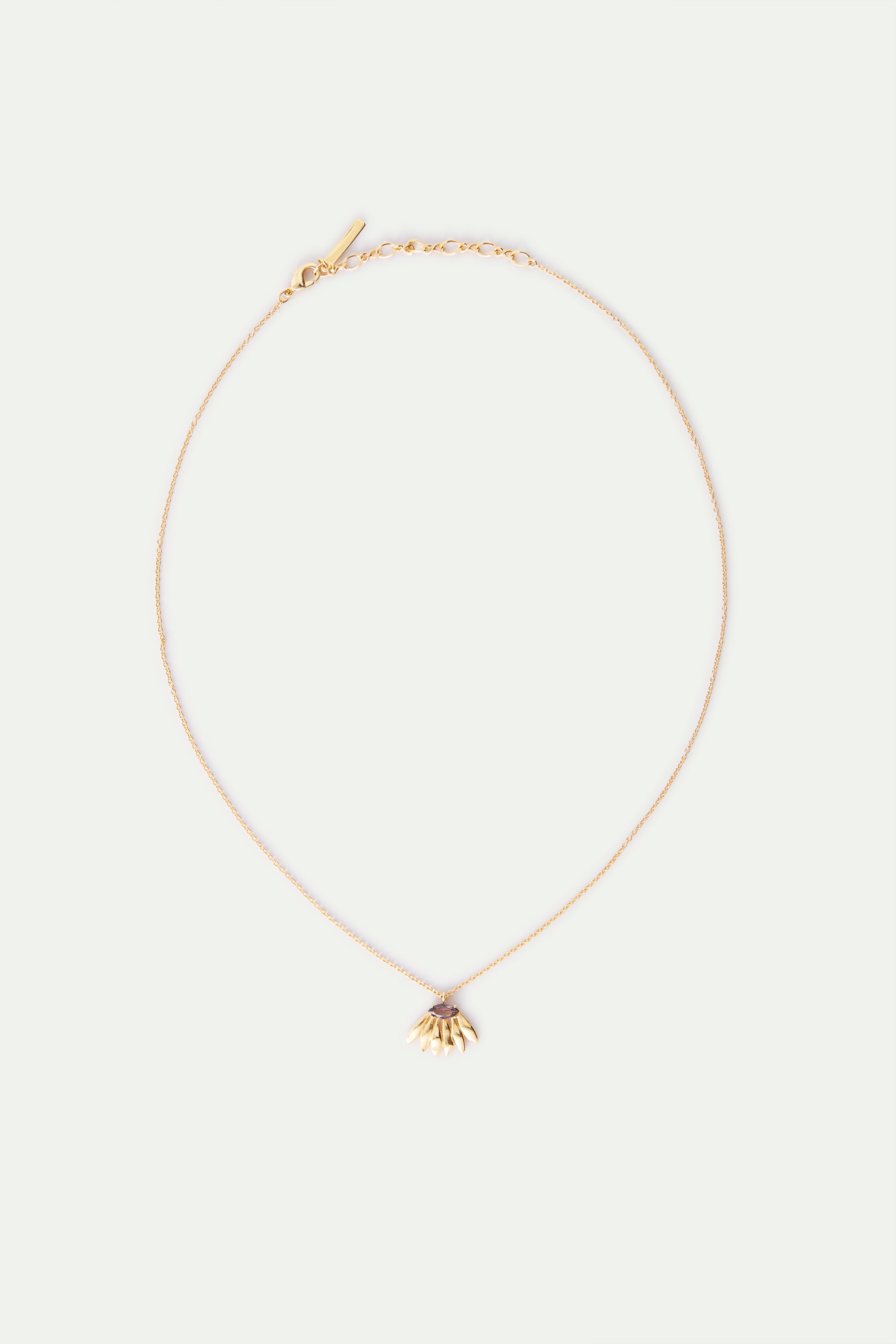 Gold-toned delicate chain necklace with a stylised gold-toned floral pendant featuring small white beads and a central purple