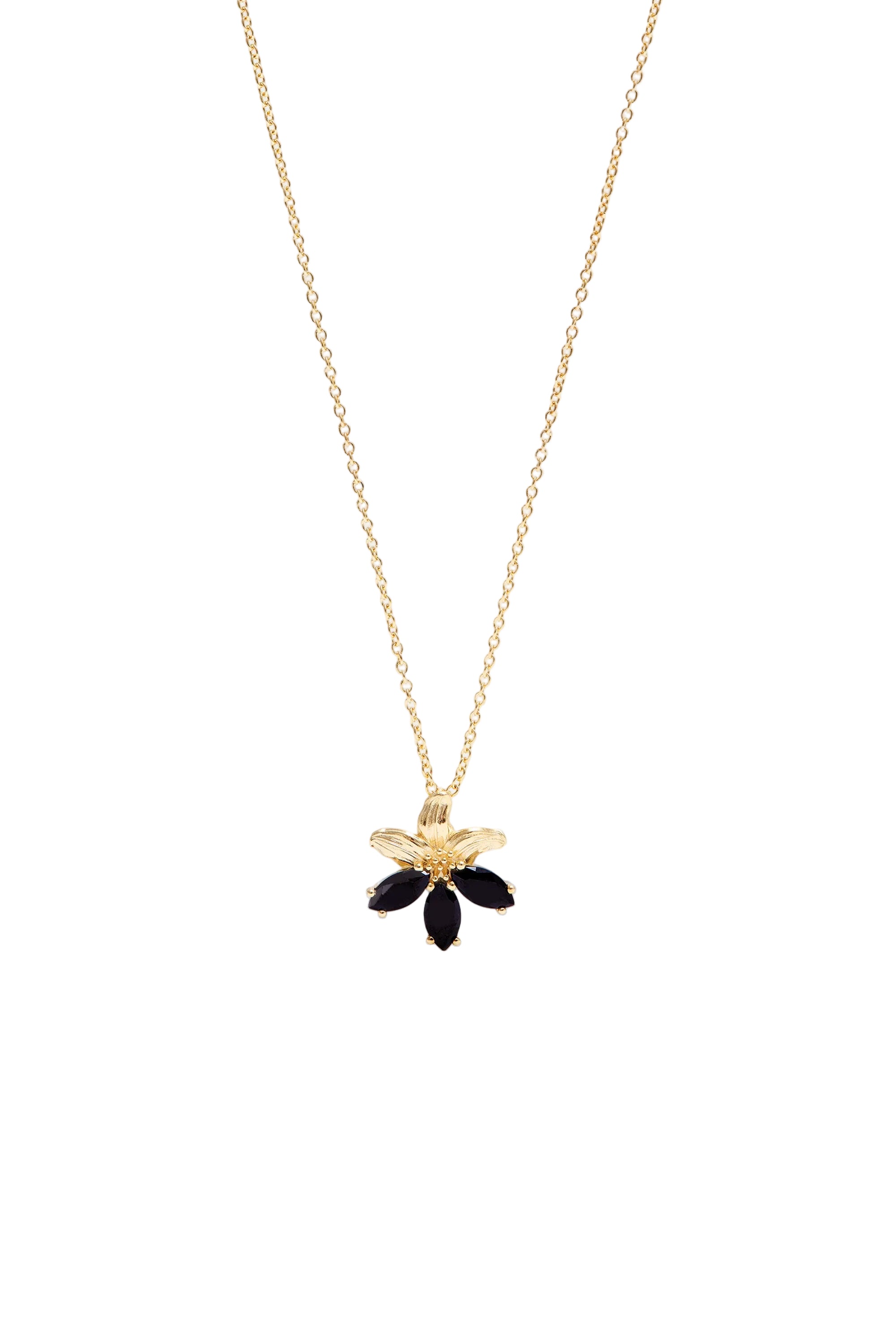 Gold-toned necklace with a floral pendant featuring textured metal and five black marquise-cut stones.