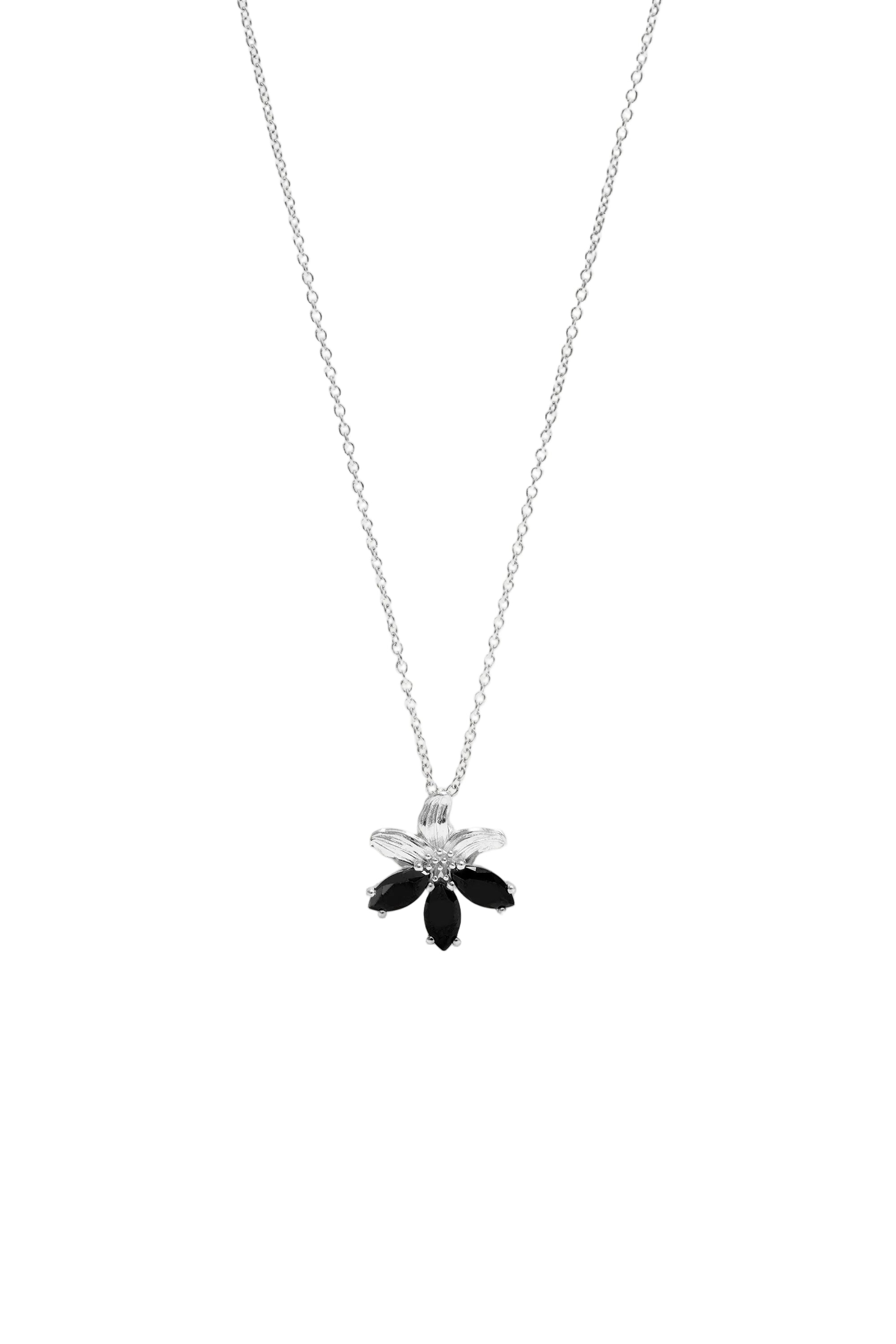 Silver-toned necklace with a flower pendant. The pendant has two clear marquise-cut petals at the top and three black marquis