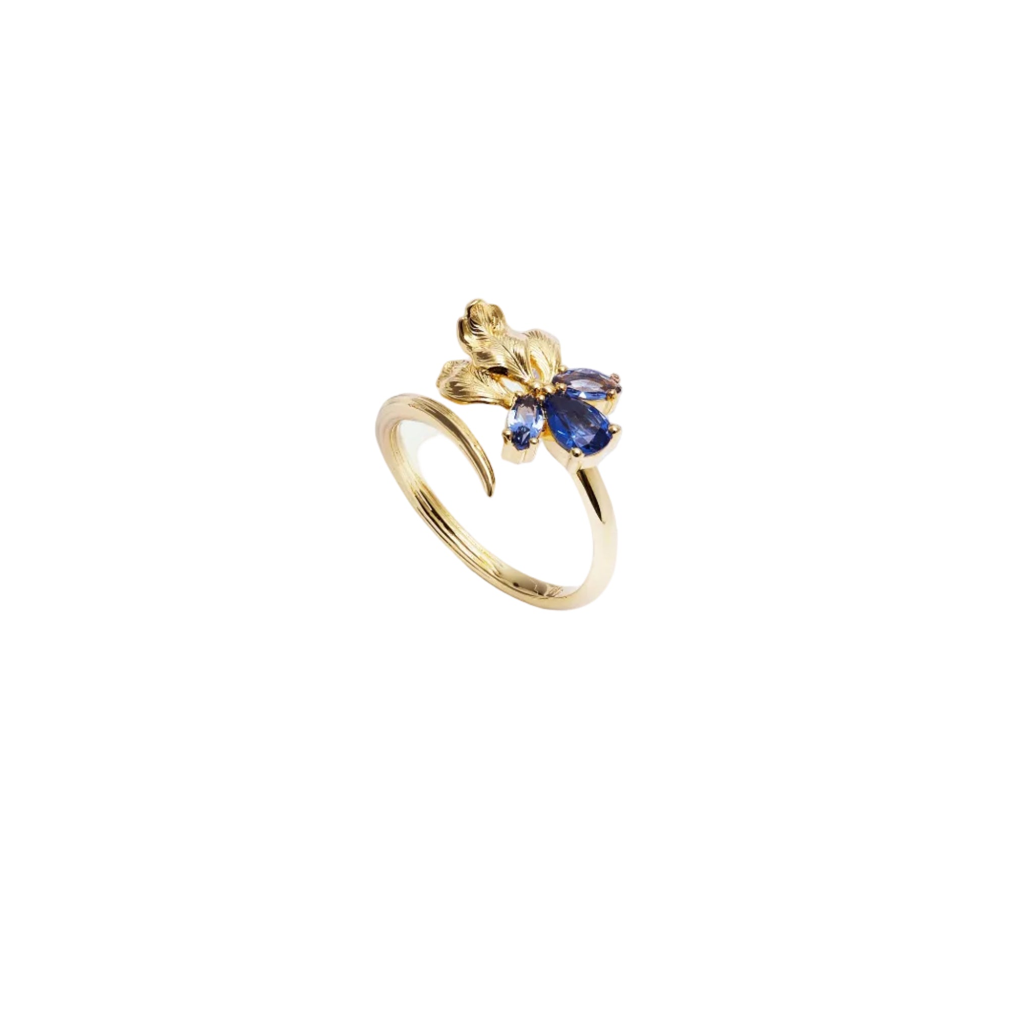 Gold-toned adjustable ring with textured gold leaves and dark blue faceted stones, including a pear-shaped stone.