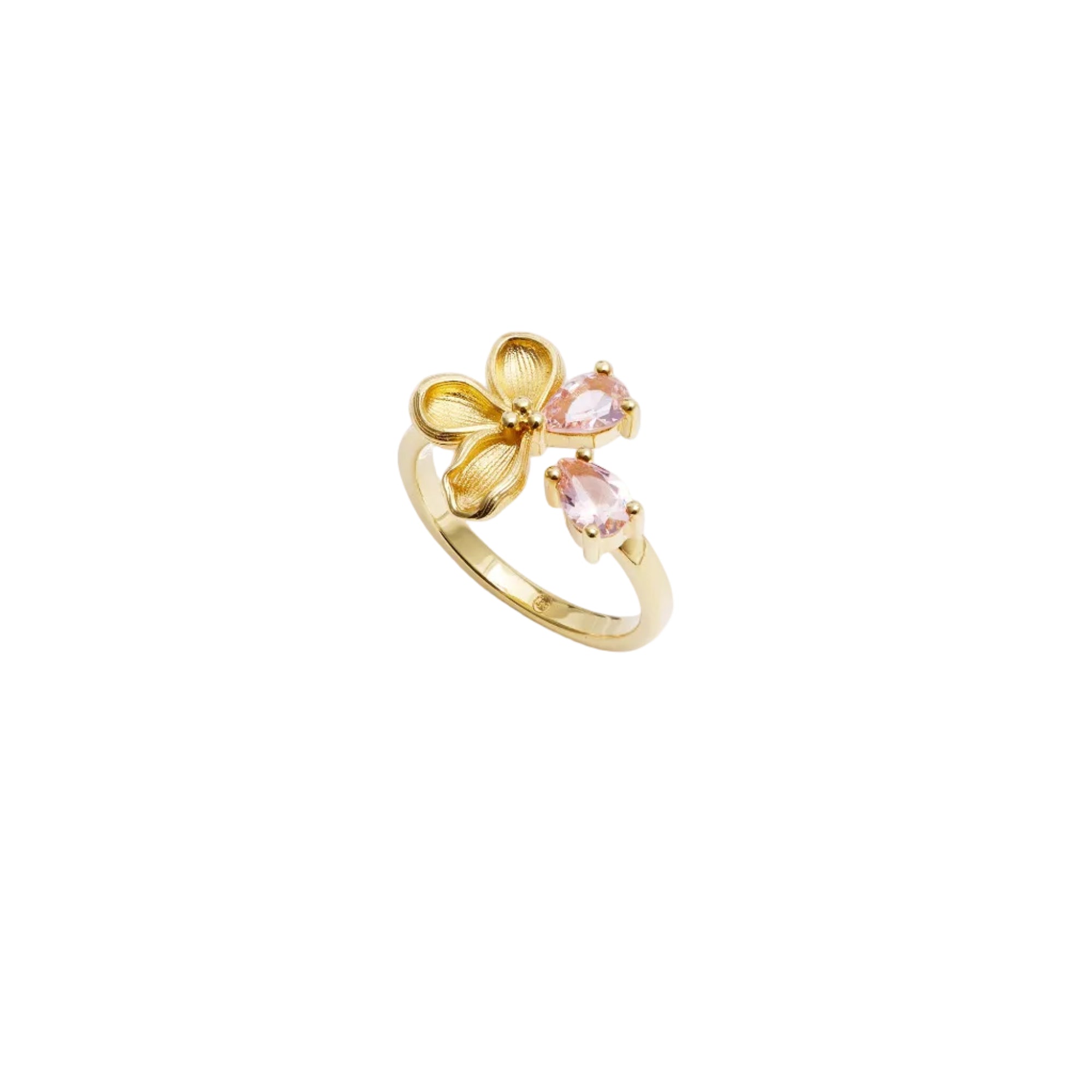 Gold-toned adjustable ring with a textured three-petal flower and two pear-shaped light pink stones.