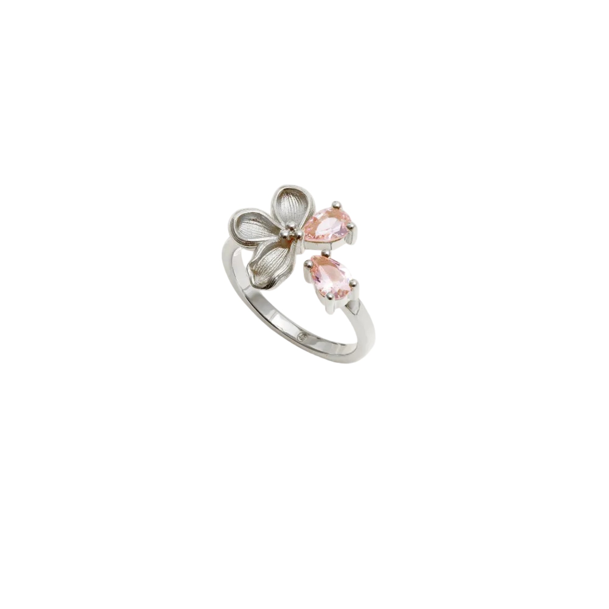 Silver-toned adjustable ring with a textured three-petal flower and two pear-shaped light pink stones.