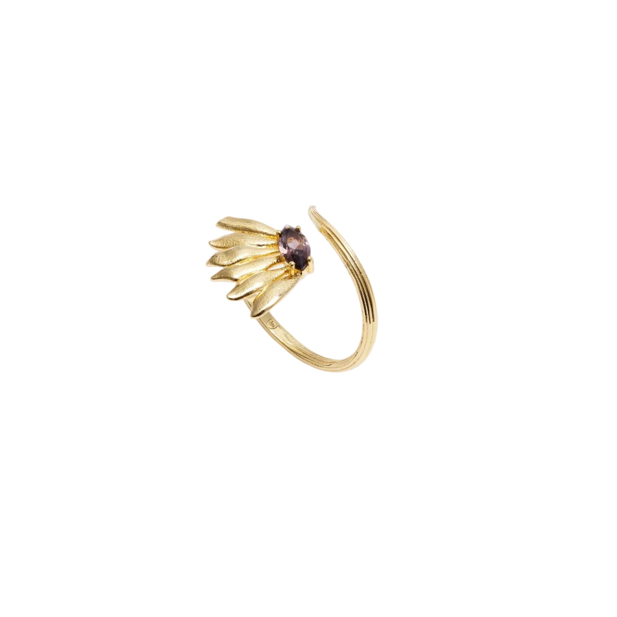 Adjustable gold-toned ring with a fan of textured petals and a round dark purple stone. The open band is subtly ribbed.
