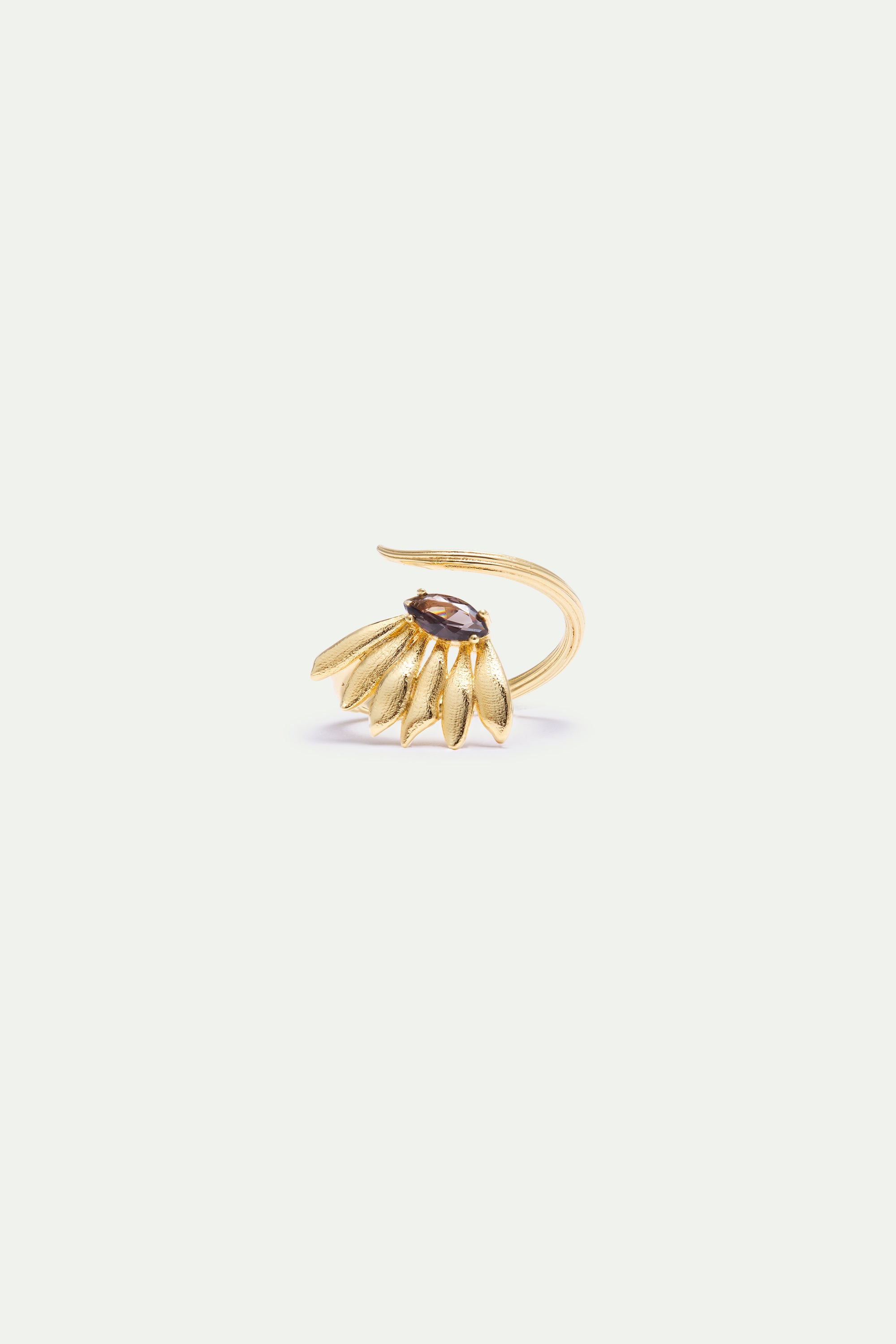 Gold-toned adjustable ring with textured floral petals and a central brown marquise-cut stone.