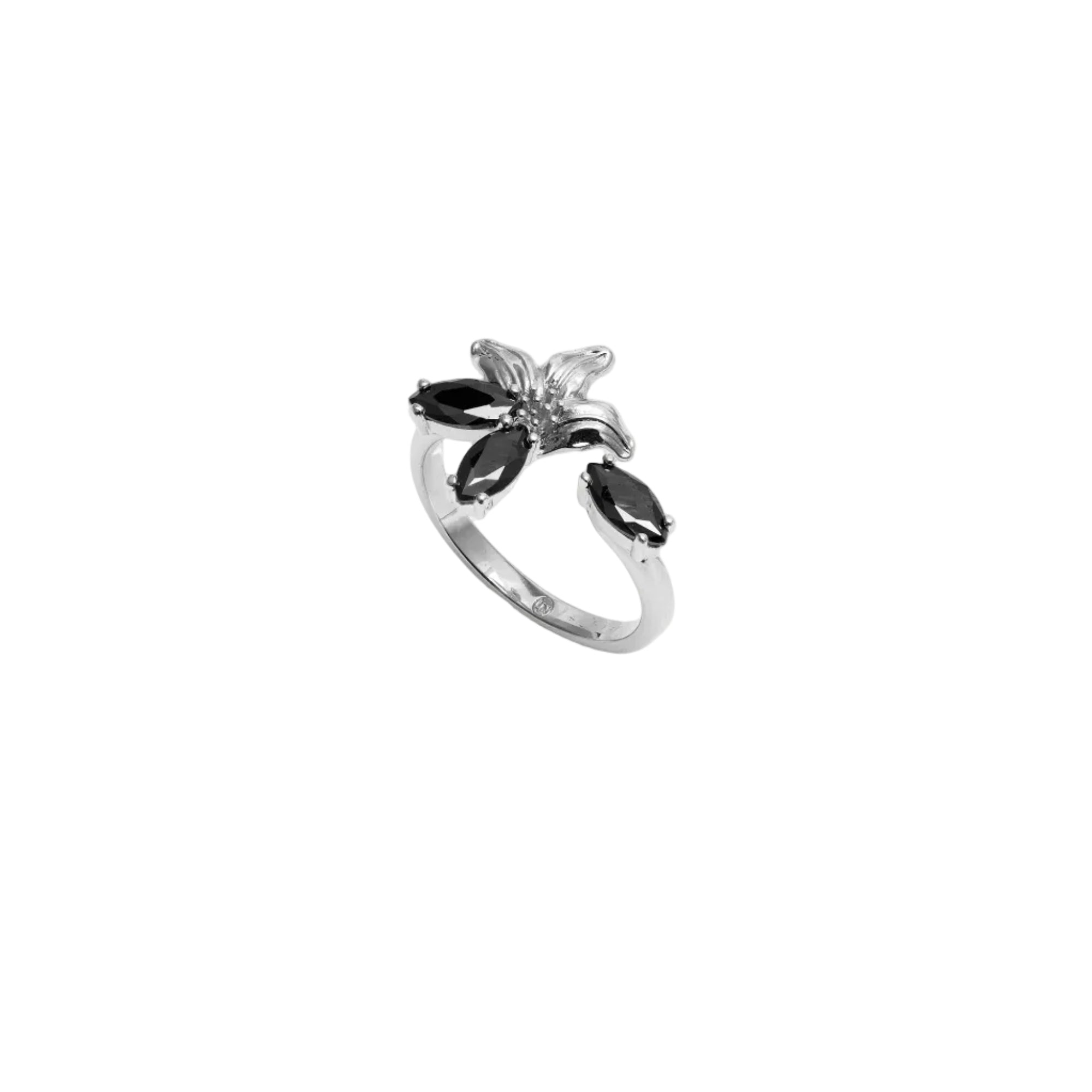 Silver-toned adjustable ring with a flower design featuring five marquise-cut black stones and an additional black stone on t